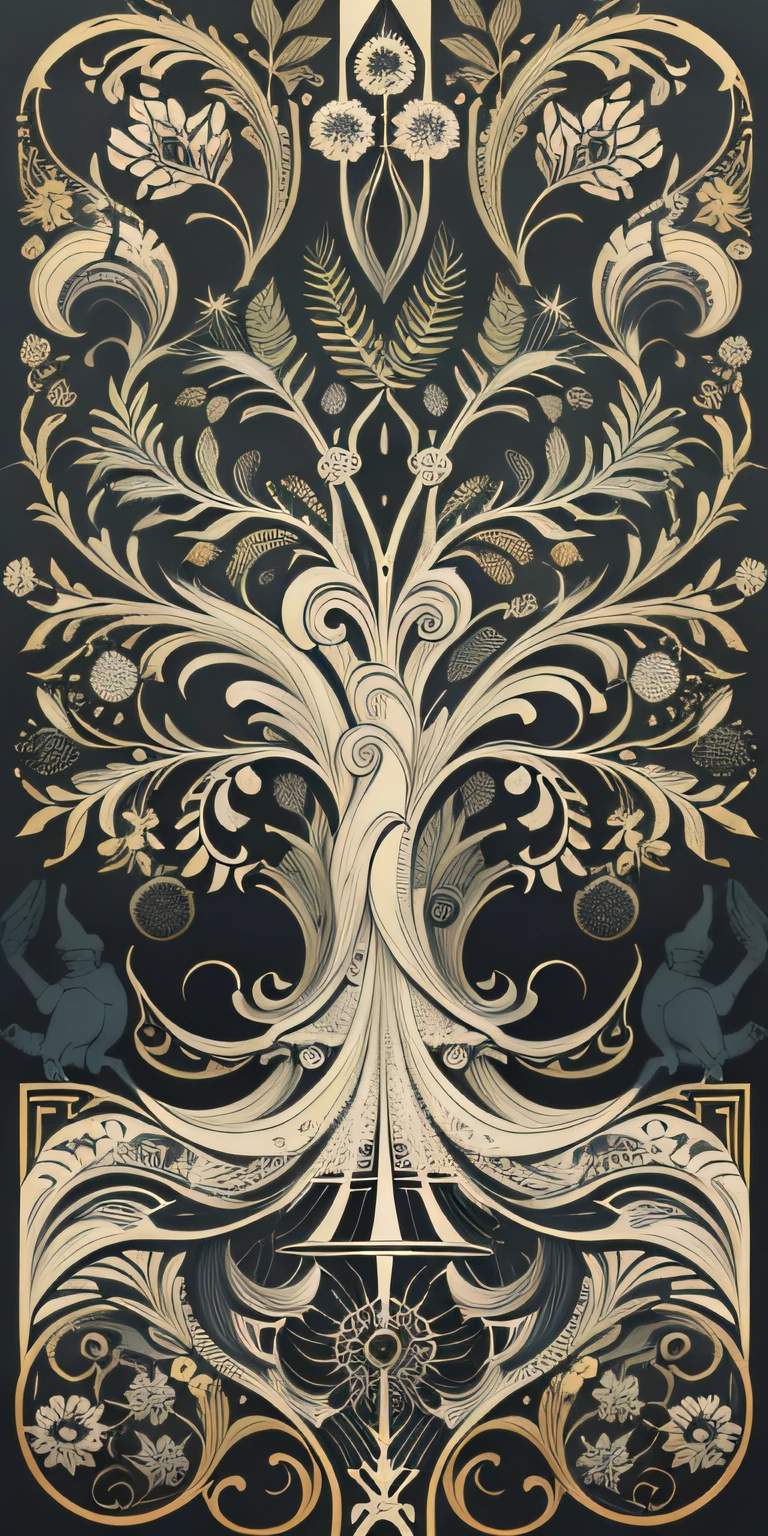 Nordic tree-shaped solitaire，Flat style， abstract artistic，Graphic design，对称, Math, Renaissance, Oil painting, 2D canvas, highly  detailed, 复杂, Classic paint, Black monochrome, crystals, opulent, lap, gothic ornament, Graphic design