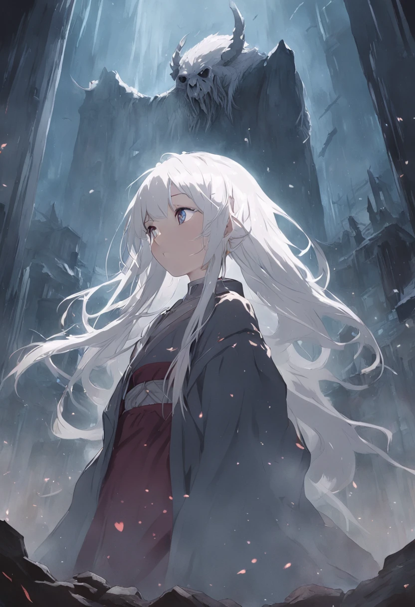 ((Ruined village+Reduced to ruins)Epic scenes, It's snowing), (White-haired girl+Young girl with white hair), (Evil smiled), (dark-skin+The giant ghost of the big horn)