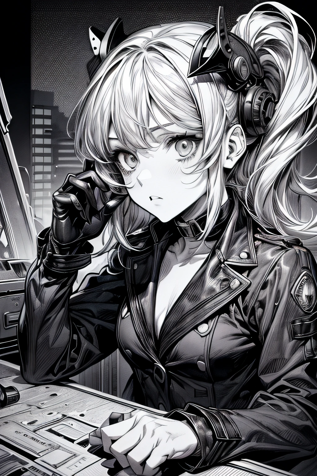 (Comic Noir Style),(linear art_Anime),(black-and-white_High contrast),(masutepiece, Best Quality, ),(Laura Bad Picture:1.2),(Lora Add Details:1.2),8K, Flat color:1.2,1girl in,Chibi,steampunc、machinery background
