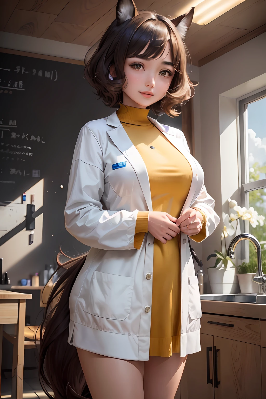 Raw photography, top-quality, masterpiece, extremely delicate and beautiful, ighly detailed, nffsw, Unity, 8K Picture Wallpaper, amazingly detail, detaile, masterpiece, top-quality, Official art, Highly detailed ticker Unity 8k wallpaper, ultra-detailliert, hight resolution, ighly detailed, Clair, Focus, (top-quality), (realisitic, Photorealsitic:1.2), 8K, Soft lighting, hightquality, lighting like a movie, 1girl in, Agnes Tachyon(Uma Musume)、scientist、very pointed horse ears、、、Horse ears on the left and right heads、Hair color is brown、Hair color is brown、Hairstyle is short、The hairstyle is very short、very, very short hair length、Hair is shabby、A single prancing hair on the top of the head、Deco、the eyes are very large,Light brown eyes、Light brown eyes、eyes are brown、the inside of the eye is round、Brown eyeballs、Symmetrical eyes、、Intelligent、Saint a girl、genius、Talented and colorful、Eternal Girl、 Fluffy smile、full body Esbian,, (perspiring:1), Perfect fingers、Wear a fairly large lab coat、Dabo Dabo White Coat、Yellow inner、Medium、moderate breast、 Nipple stand、full of sweat、perspiring、Sweaty clothes、The background is the science room、in a house、experiment、Night