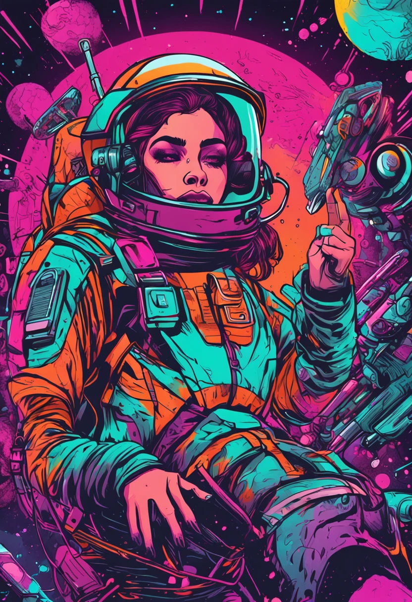 2 mulheres neon cibernetica Biquini curto seda astronautas sexy tatuagens coloridas