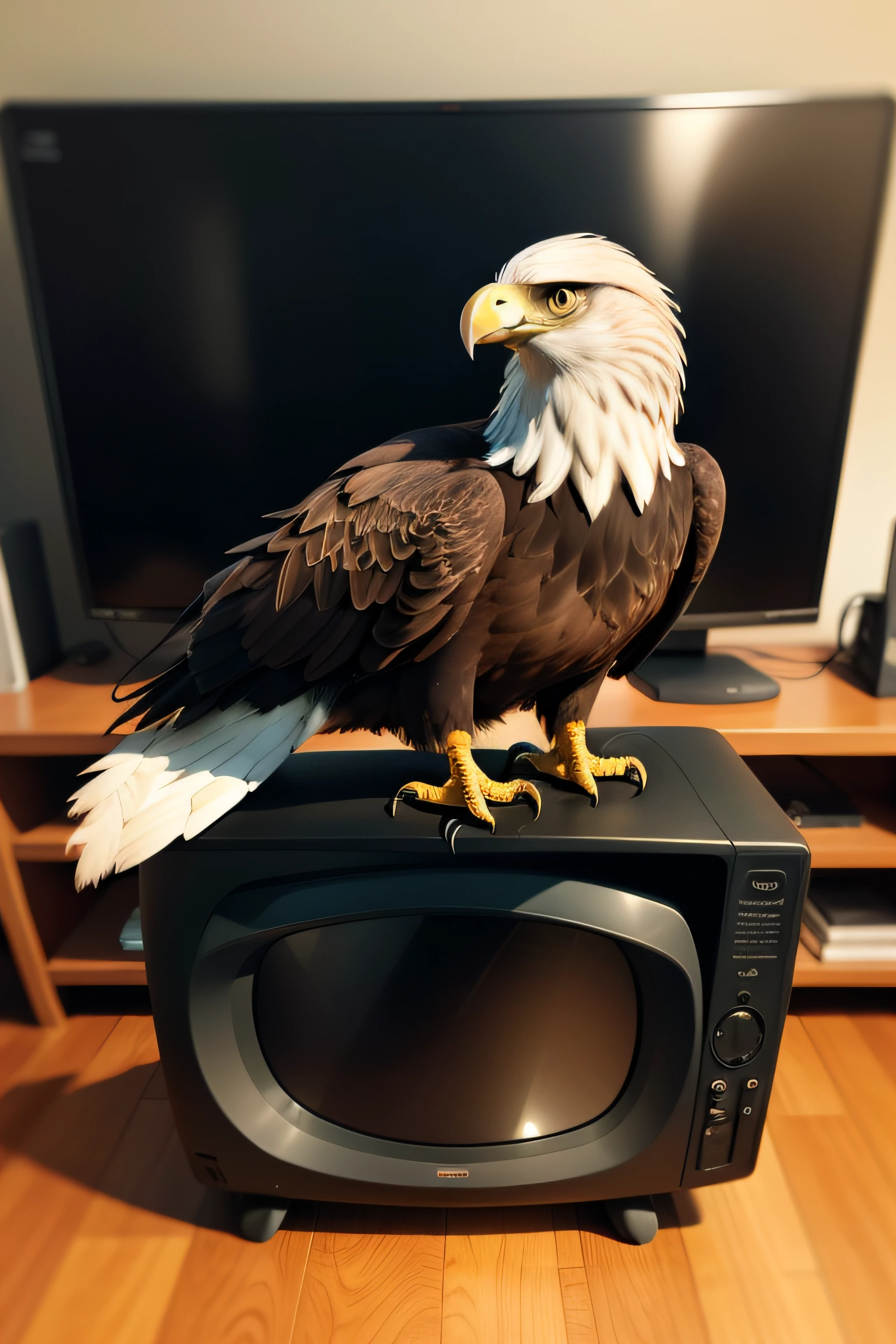 An eagle on top of a TV, quebrando a mesma com o pico