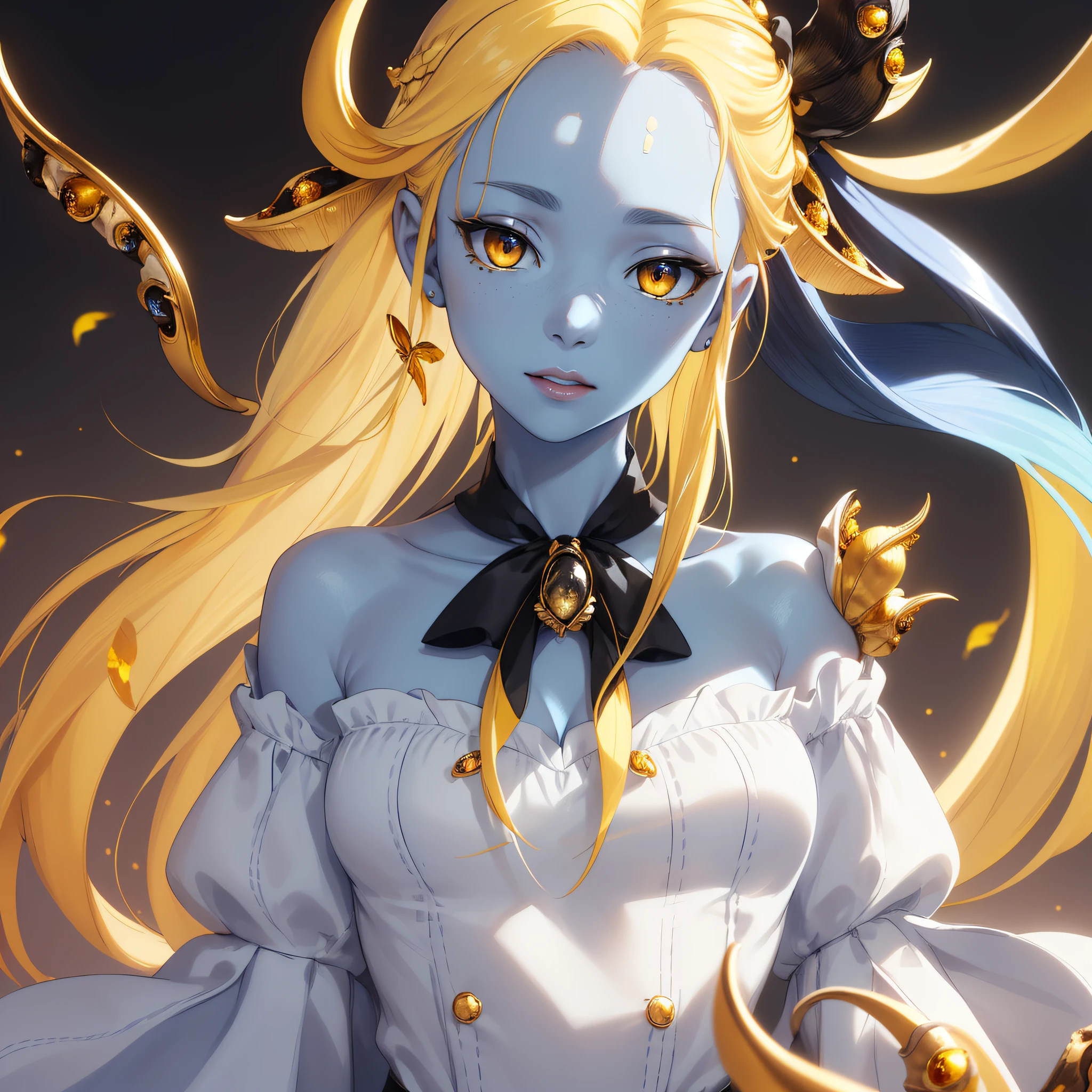 (masterpiece, CGI: 1.5), (bokeh), (best quality), (detailed skin pore texture: 1.1), (8k), (HDR), (wallpaper), (sharp focus)2d, anime, highly detailed face, highly detailed eyes, highly detailed background, perfect lighting, cowboy shot, 1girl, solo, pointed ear, (eyes with:(gold iris, (black sclera):1.3)), ((blue skin)), white dress, sleeves highlights, red ribbon, neck ribbon, (((long yellow hair))), ((forehead)), blue bow, hair bow