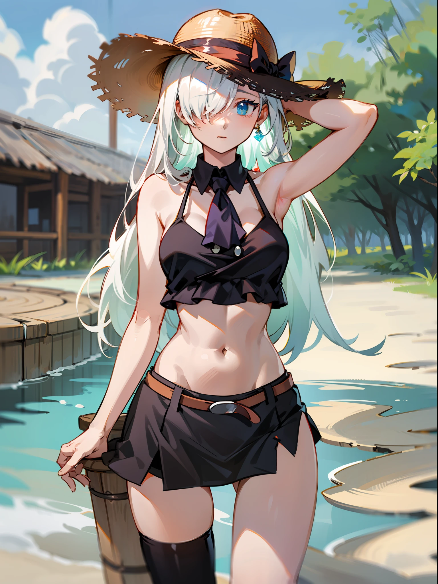 Khmeliza, 1girl in, Hair above one eye、White hair、Jewelry, single thighhigh, Midriff, Black skirt, Asymmetrical legwear、Black Bikini、a straw fedora hat、