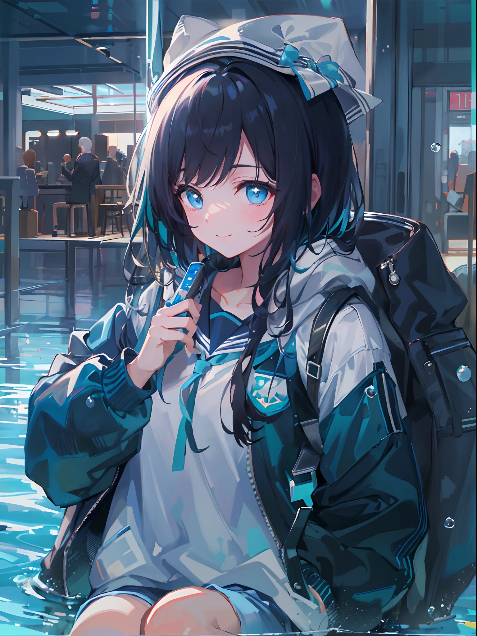 ((top-quality)), ((masterpiece)), ((ultra-detailliert)), (extremely delicate and beautiful), girl with, 独奏, cold attitude,((Black jacket)),She is very(relax)with the(Settled down)Looks,A dark-haired, depth of fields,evil smile,Bubble, under the water, Air bubble,bright light blue eyes,Inner color with black hair and light blue tips,Cold background,Bob Hair - Linear Art, shortpants、knee high socks、White uniform like school uniform、Light blue ribbon ties、Clothes are sheer、Hands in pockets
