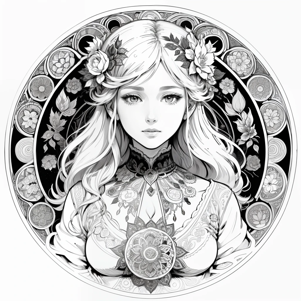 Flowers and goddess, garden, art for coloring book page, full white background, only use outline, line art, coloring book, clean line art, mandala for coloring with nature ornaments, simple and clean line art, coloring book page, adorned in Art Nouveau style, with a stroke of Alfons Mucha's brush, perfect details, real.