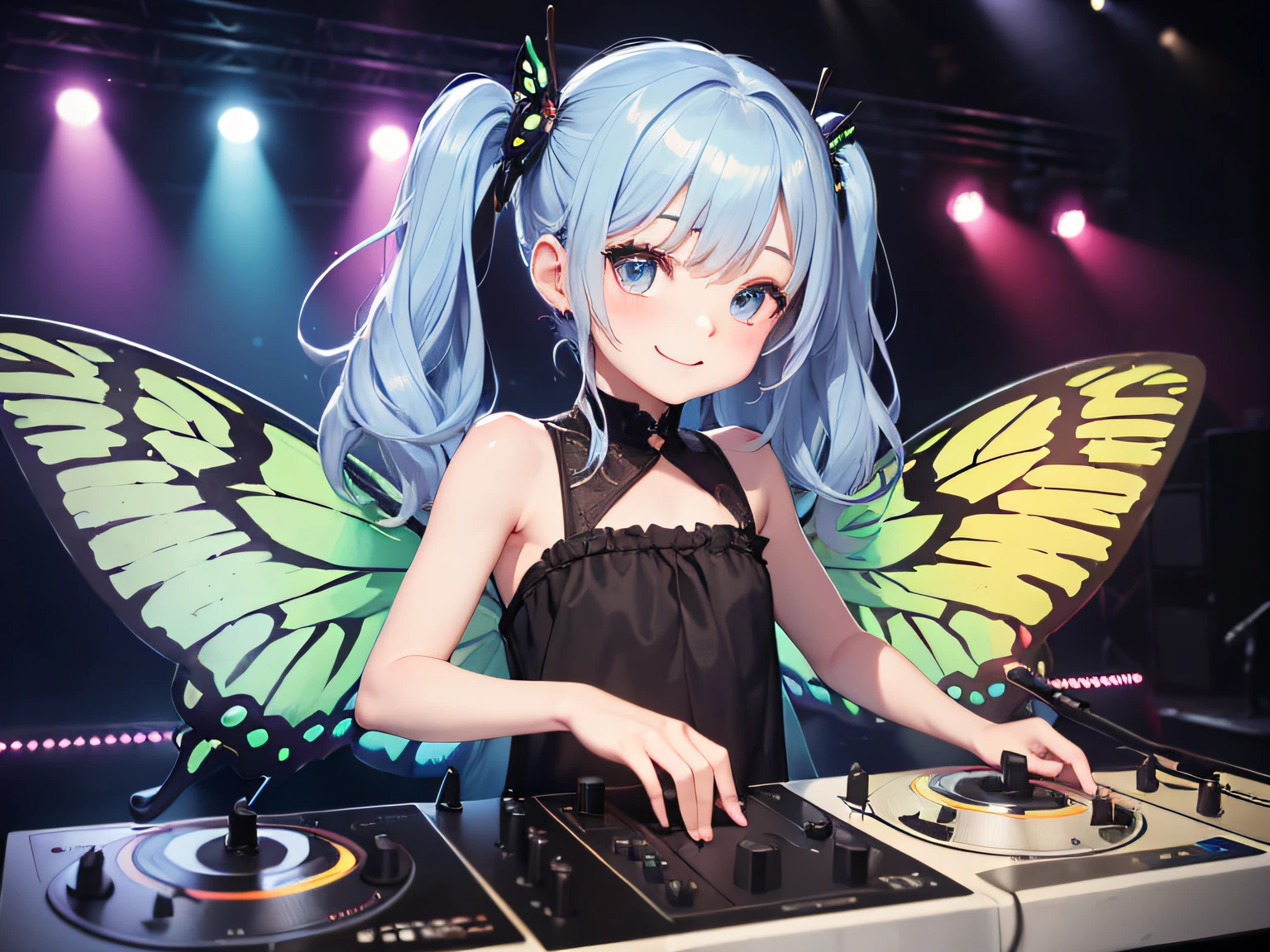 Best Quality, masutepiece, (Fairy with brilliant swallowtail wings:1.2), Solo, Rock Fashion, (long pale blue hair:1.3), (ar old)xtremely detailed eye and face, Eyes with beautiful details, (Happy face), (Petite, skinny), (shorttwintail, One side up), (DJ, on a stage:1.2), Dutch Angle