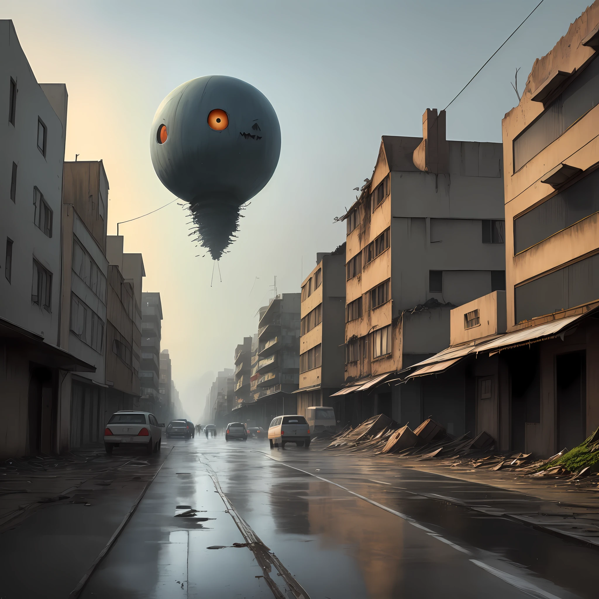 Lifeless streets,There are dilapidated houses and vehicles everywhere,There is a huge eye in the sky,Huge monsters destroy the city,People fled in a hurry,It rained heavily in the sky,Huge monsters open their teeth and dance their claws