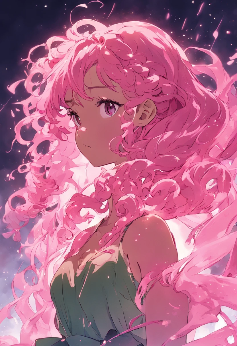 (black) Girl, (Pink) (curly) (Braid) Hair, (pink and green) dress, (Chubby) (dwarf) Body, (witch) roleplaying