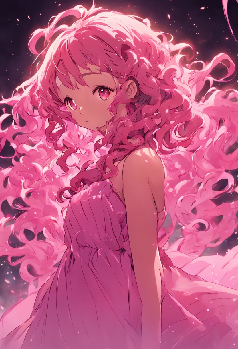 (black) Girl, (Pink) (curly) (Braid) Hair, (pink and green) dress, (Chubby) (dwarf) Body, (witch) roleplaying