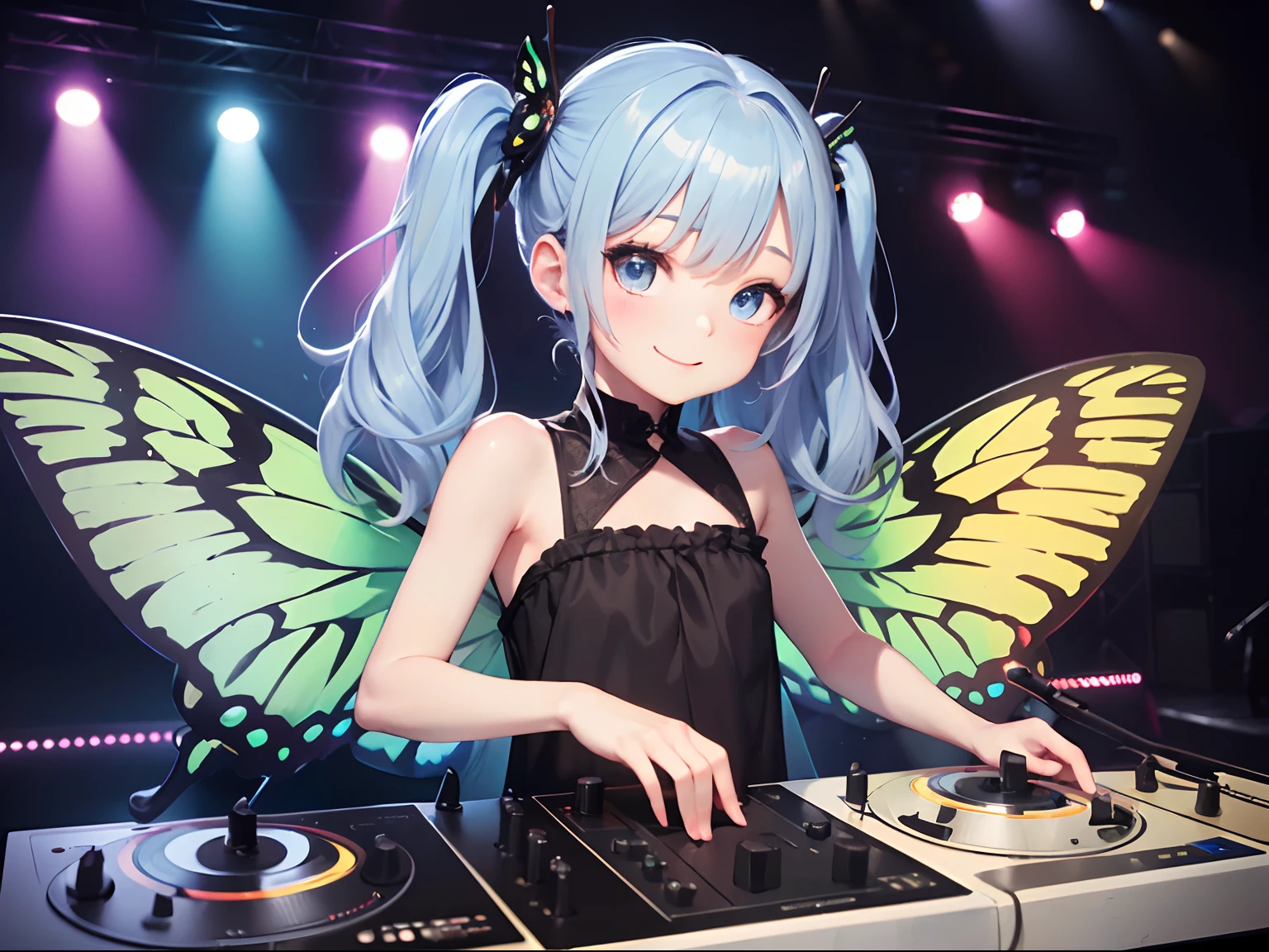 Best Quality, masutepiece, (Fairy with brilliant swallowtail wings:1.2), Solo, Rock Fashion, (long pale blue hair:1.3), (12year old), extremely detailed eye and face, Eyes with beautiful details, (Happy face), (Petite, skinny), (shorttwintail, One side up), (DJ, on a stage:1.2), Dutch Angle