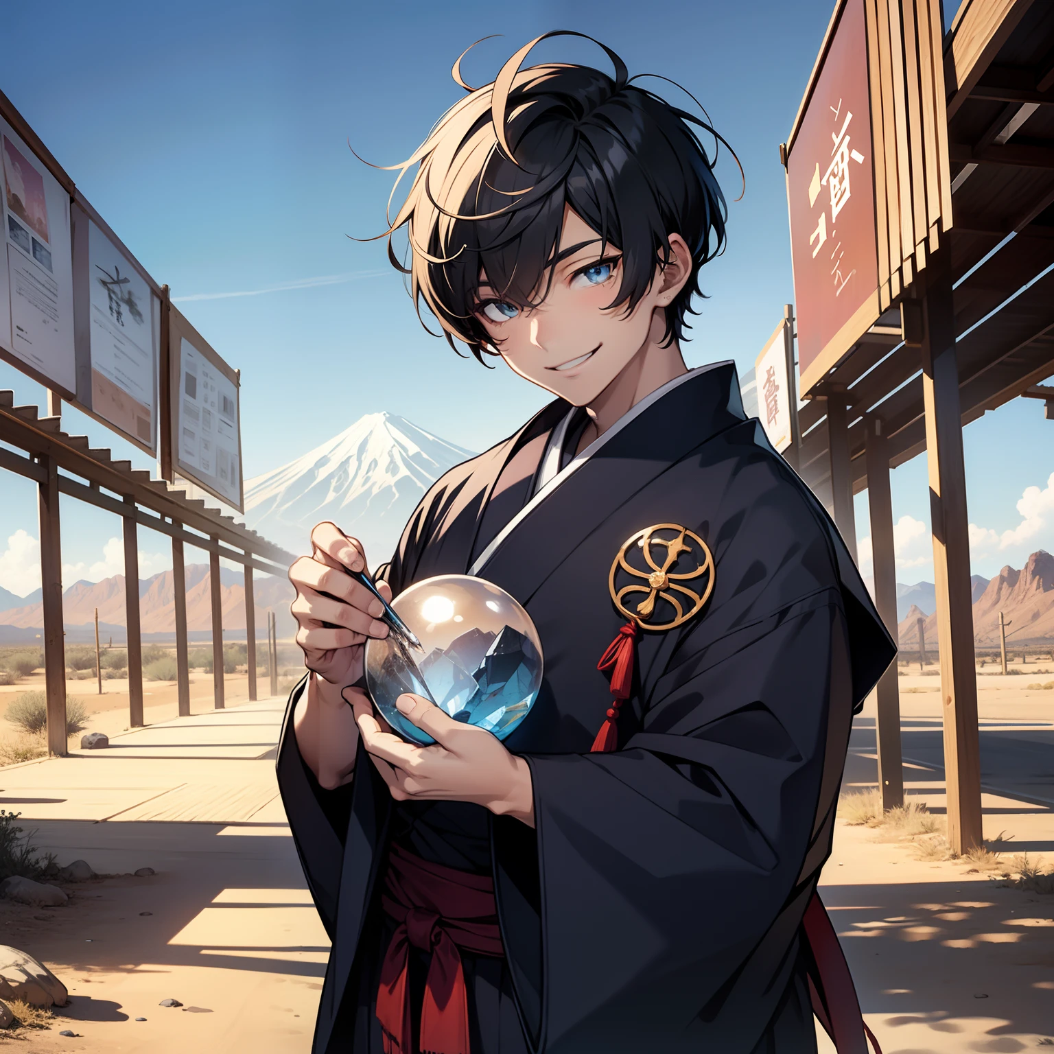 Young man divining with round crystal, Blue eyes, Japanese dress, Smiling, desert landscape, short-haired, Good anatomy