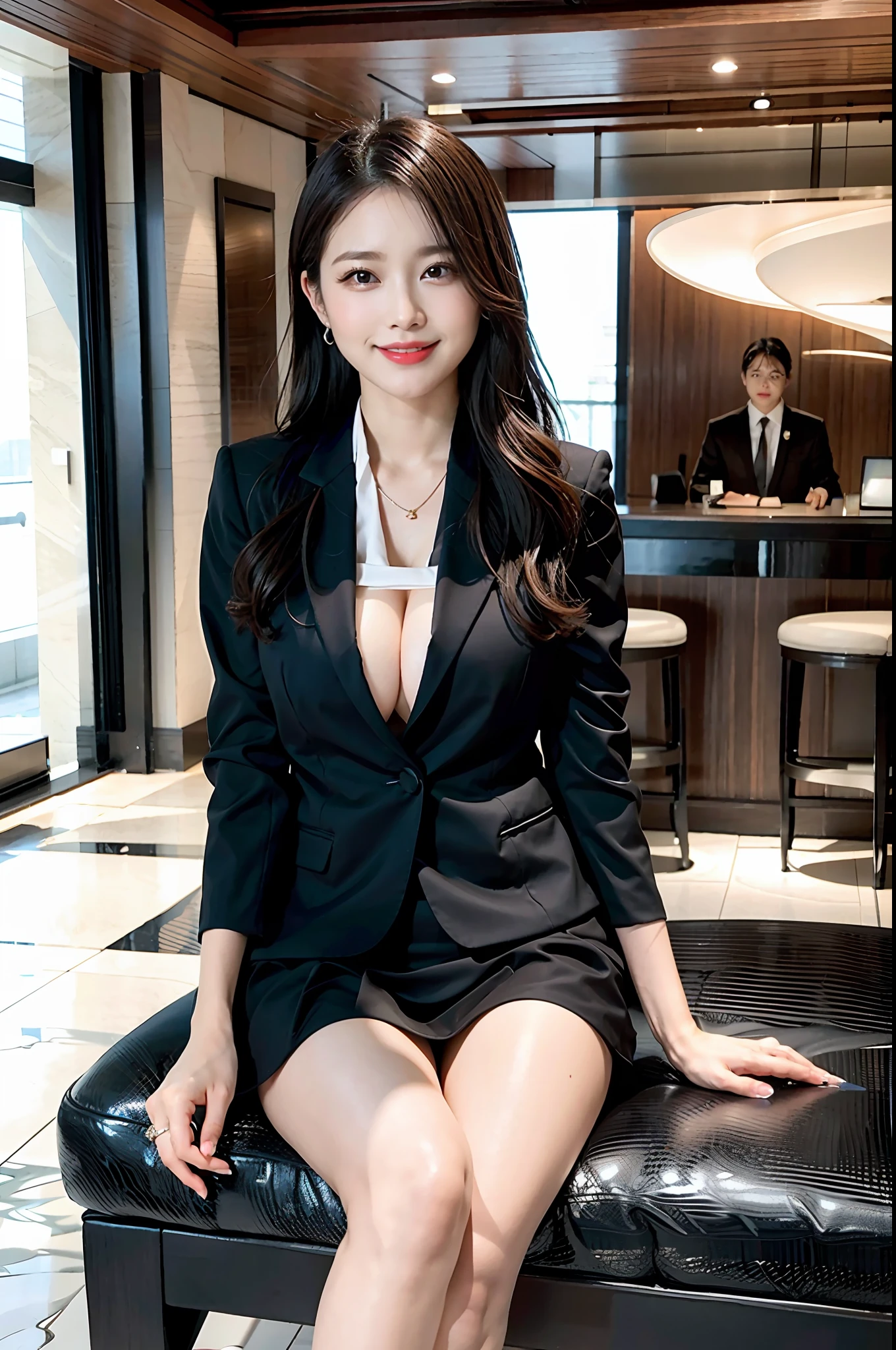 Sitting on a bench in the hotel lobby、Woman on the background of a man,(((huge tit))), ((cleavage of the breast)),(( nippleless)), wearing black business suit, wearing a business suit, wearing a black noble suit, (((beautiful countenance))),(((big eye))),(((Beautiful eyes))),(((long lashes))),((Beautiful teeth alignment)),Wearing a business suit, in a business suit, Wearing a strict business suit, Black business suit, Girl in suit, wearing black suit, luxurious suit, Girl in a suit, with a business suit on