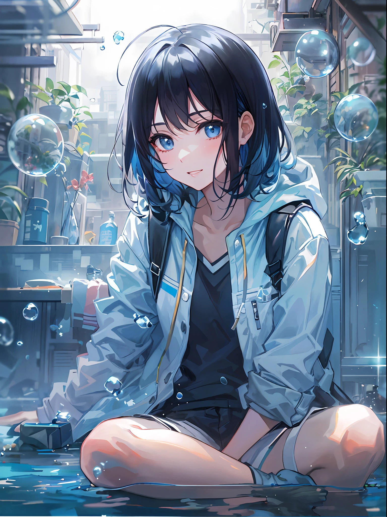 ((top-quality)), ((​masterpiece)), ((ultra-detailliert)), (extremely delicate and beautiful), girl with, 独奏, cold attitude,((Black jacket)),She is very(relax)with  the(Settled down)Looks,A dark-haired, depth of fields,evil smile,Bubble, under the water, Air bubble,bright light blue eyes,Inner color with black hair and light blue tips,Cold background,Bob Hair - Linear Art, shortpants、knee high socks、Camisole inner shirt、Hands in pockets