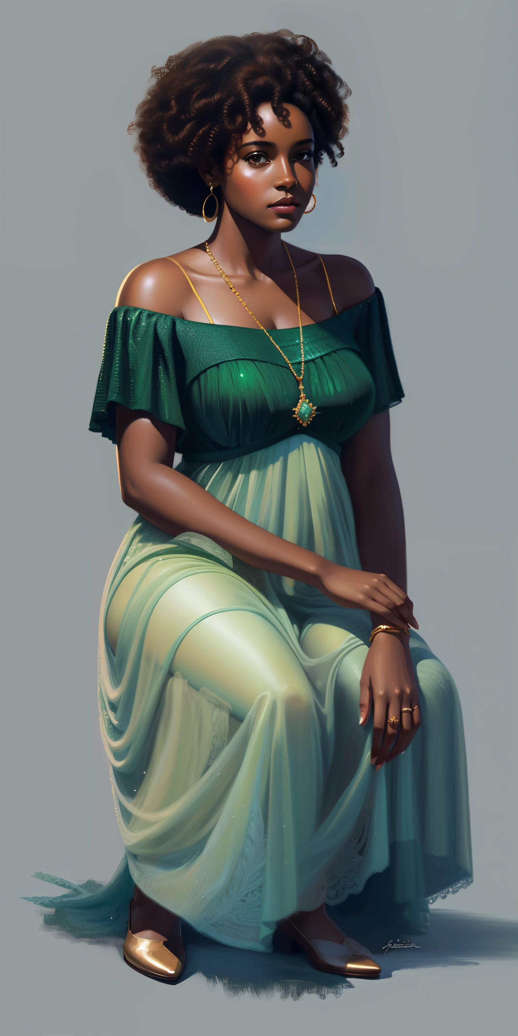 uma mulher africana africana pele marrom escura:2, olhos fechados;3 entre-abertos, em um vestido verde sentado em uma cadeira, retrato detalhado do corpo inteiro, retrato realista de corpo inteiro, retrato de alta qualidade, retrato realista de corpo inteiro, retrato de corpo inteiro, pintura digital elegante, arte do personagem charlie bowater, retrato elegante, arte digital de um elegante, inspirado em Barkley Hendricks, inspirado em Thomas Blackshear, retrato completo da figura, retrato de corpo inteiro