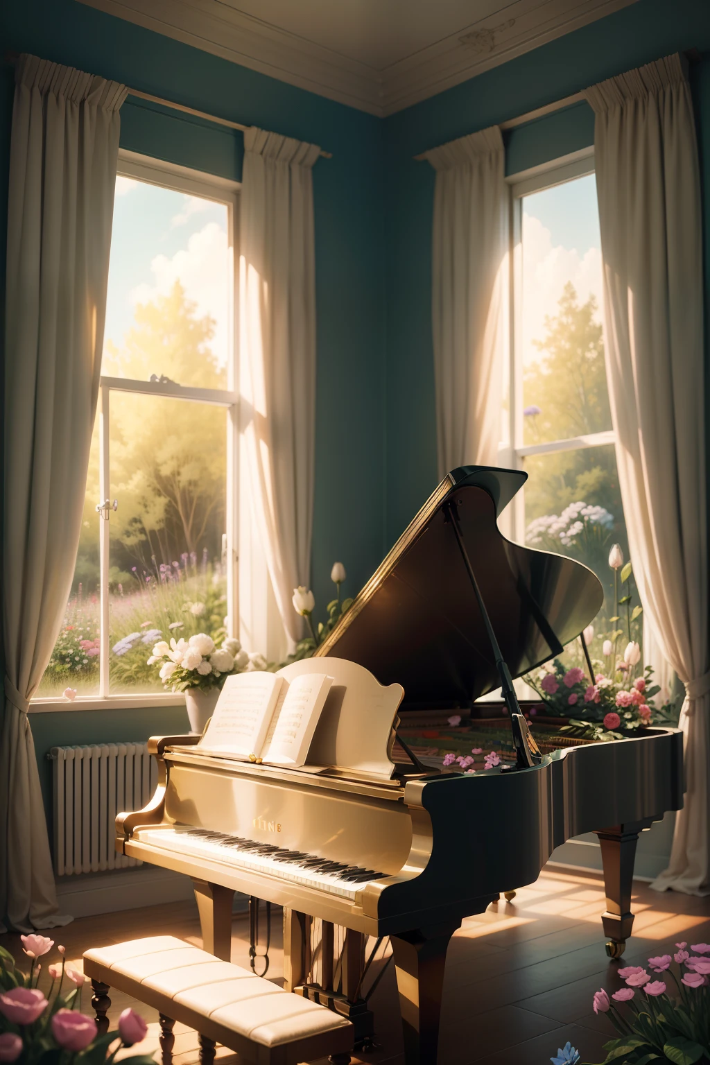 fickle　Cartoon-like illustration of a fantastic world　In the wilderness　The outside world　piano　flower  field　Piano covered with flowers　natural soft light　Flowers　houseplant　colourfull　Flowers in the room　Piece of art　tender　Warm　Modern　Sophisticated　In a dream　Liberation　Open