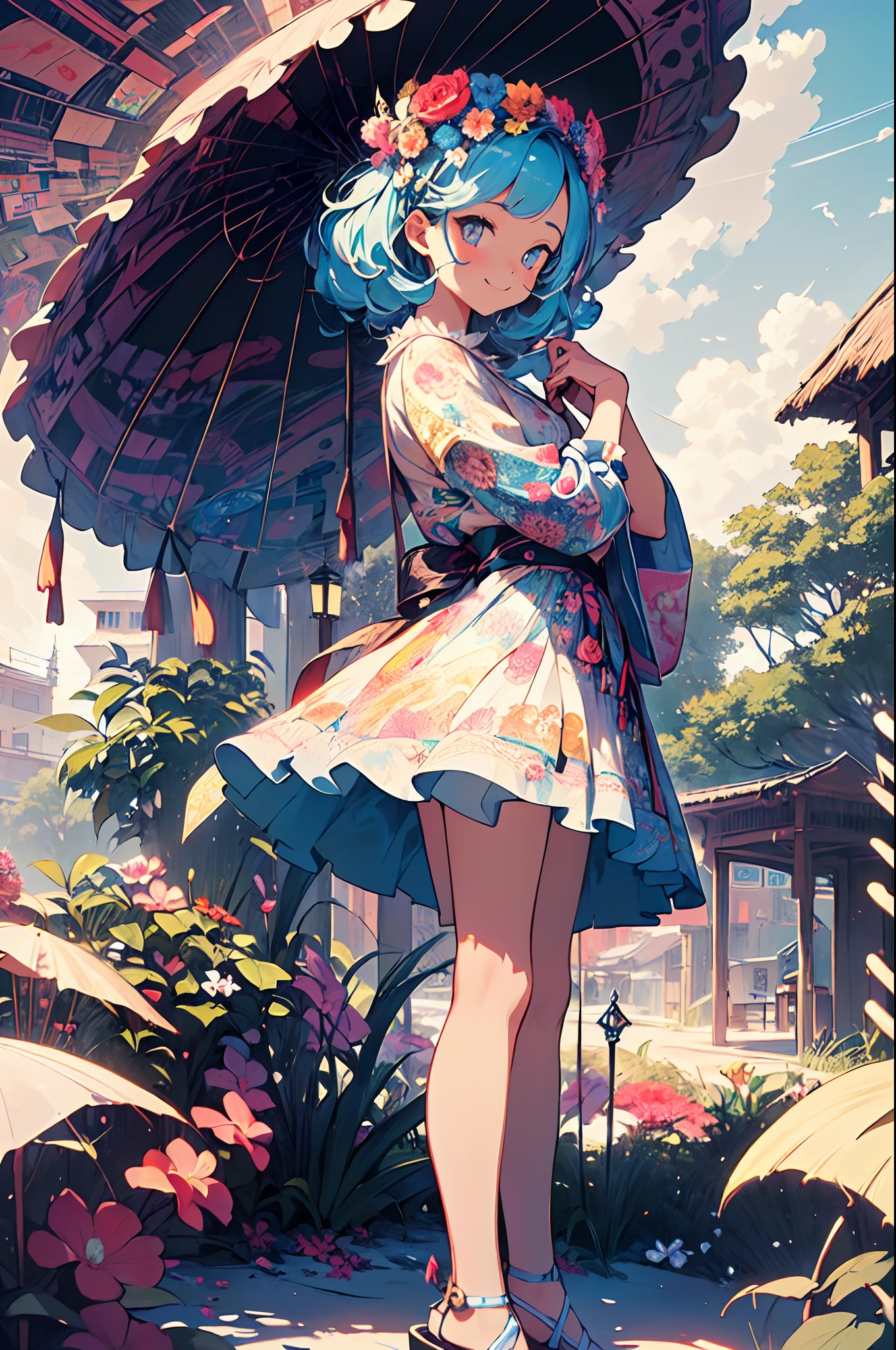 ((flowercrown),((beach parasol)),innocent smiles、eye glass、veranda、ancient city、(1 girl, Solo:1.6),(Cute smile),(Clothes are simple), (Best Impact:1.5), (maximalism:1.7), Vivid contrast, (Realistic), hyperrealistic illustrations, hight resolution, ultra-detailliert, absurderes,(Fractal Art:1.3)、Random hairstyle、Random hair color colorful、FULL BODYSHOT、Retro、Precise focus、randome pose、cinema4d、Drama