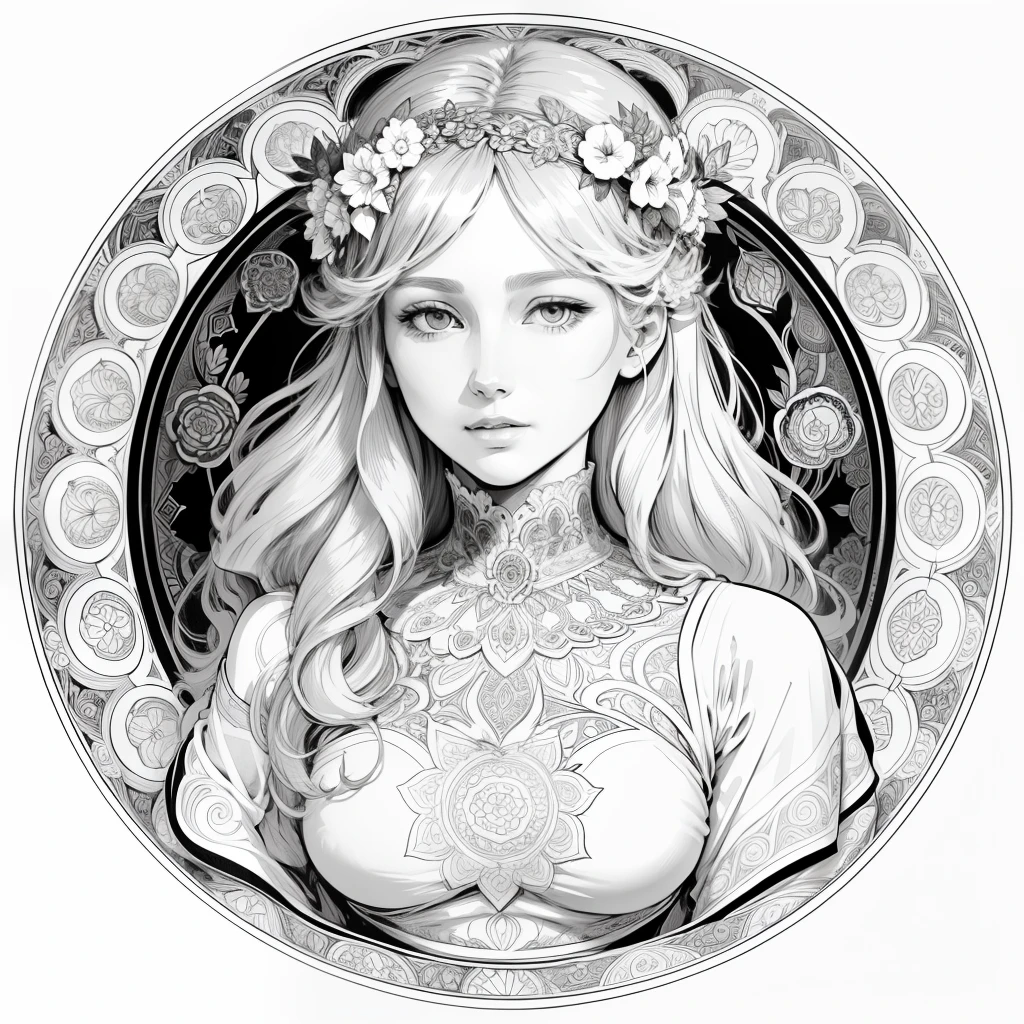 Flowers and goddess, garden, art for coloring book page, full white background, only use outline, line art, coloring book, clean line art, mandala for coloring with nature ornaments, simple and clean line art, coloring book page, adorned in Art Nouveau style, with a stroke of Alfons Mucha's brush, perfect details, real.