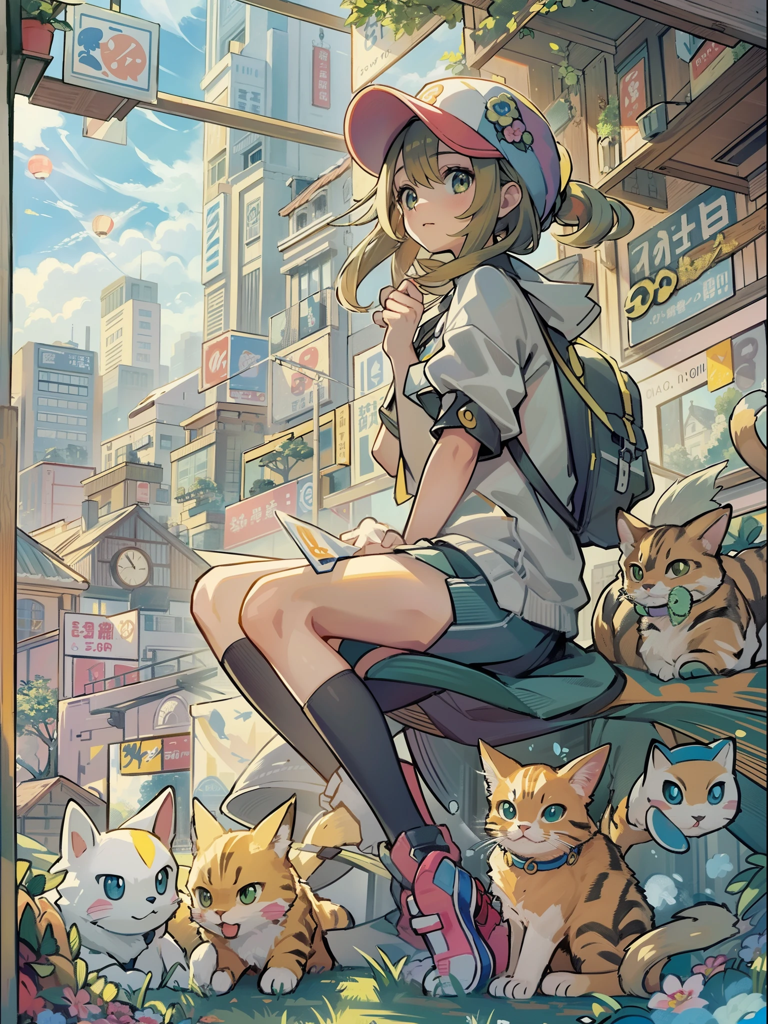 1girl in,A pokémon_The card,(top-quality), (high_quality), (Convoluted_Details), (ultra-detailliert), (illustratio), (Distinct_image),saito_naoki,city scenery、Rainbow View、With cats（（Cute cat１.５））