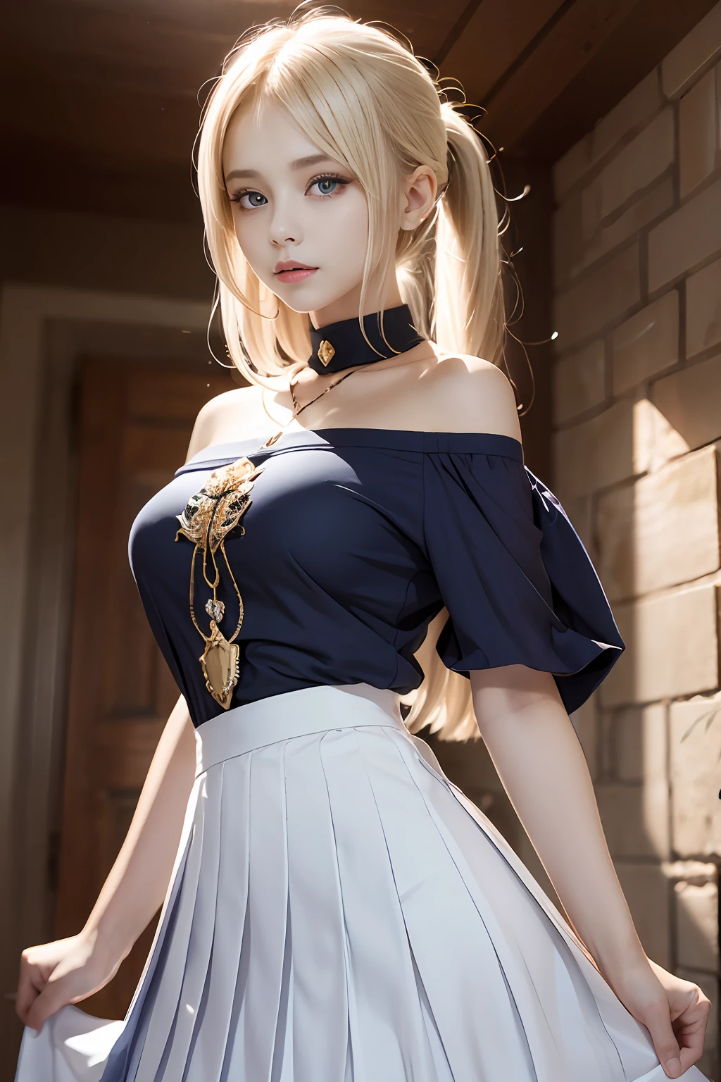 bright expression、poneyTail、Young shiny shiny white shiny skin、Best Looks、Blonde reflected light、Platinum blonde hair with dazzling highlights、shiny light hair,、Super long silky straight hair、Beautiful bangs that shine、Glowing crystal clear attractive big blue eyes、Very beautiful nice cute girl、Lush bust,Beautiful detailed eyes, beautiful detailed nose,(( Full body:1.25)),Makeup that the eyes emphasize、((Pleated skirt with many folds)),(Women like Joan of Arc)、s Armor、Knights, With a sword and shield,Royal style,Comic style, , Sub-surface scattering, ornate detail, nature backdrop, Hyper-realistic, Cinematic, Dramatic Lighting, masutepiece、top-quality、超A high resolution、(Photorealsitic:1.4)、1girl in、Off-shoulder white shirt、
