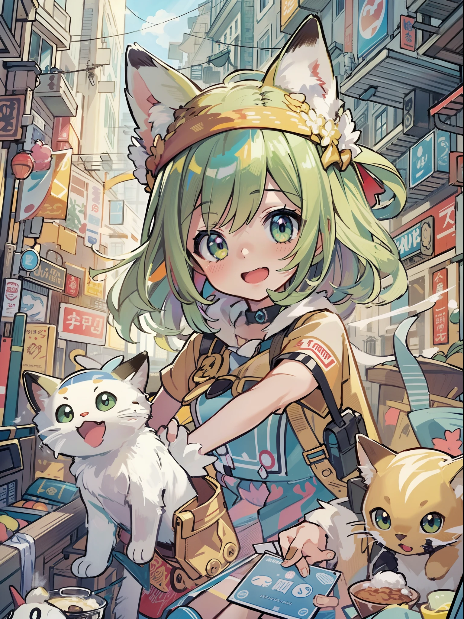 1girl in,A pokémon_The card,(top-quality), (high_quality), (Convoluted_Details), (ultra-detailliert), (illustratio), (Distinct_image),saito_naoki,city scenery、Rainbow View、With cats（（Cute cat１.５））