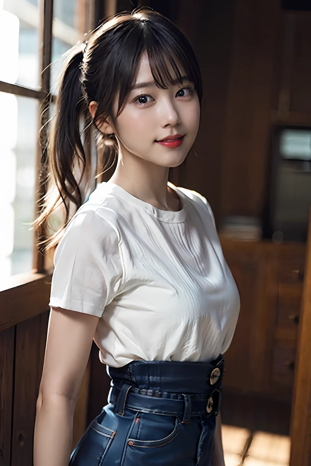 (8k、RAW Photography、top-quality、​masterpiece:1.2)、(realisitic、Photorealsitic:1.37)、ultra-detailliert、超A high resolution、女の子1人、Denim Mini Skirt、flaxen ponytail、Short clothing、see the beholder、beautifull detailed face、a smile、Constriction、(slim waist) :1.3)、The shirt、Beautiful detailed skin、Skin texture、floated hair、profetional lighting、