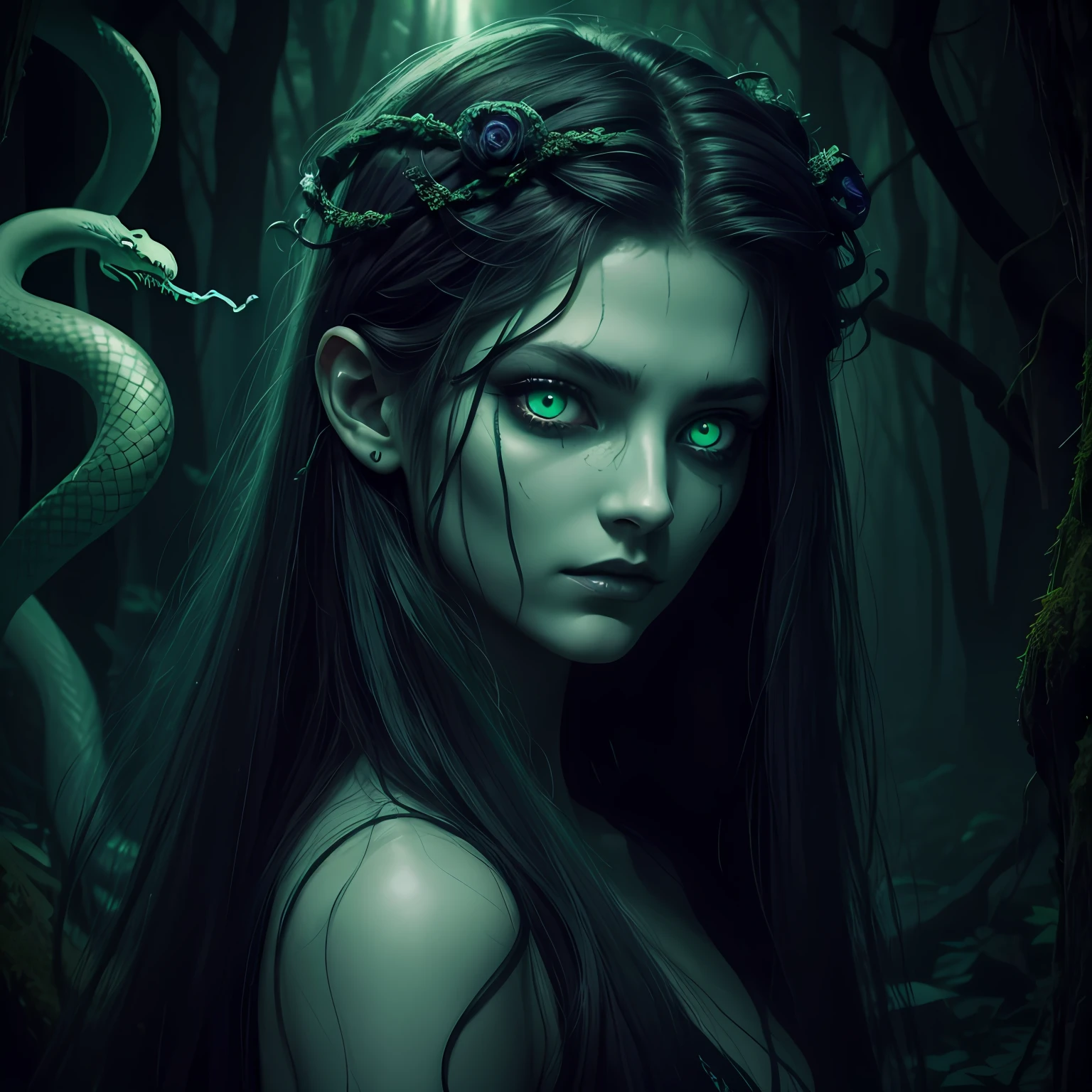 Visualize Medusa in a haunting forest setting, her eyes glowing with a supernatural aura as she unleashes her powers, turning the surrounding vegetation into twisted and contorted stone figures, highly detailed, hyper realistic, high resolution --auto --s2