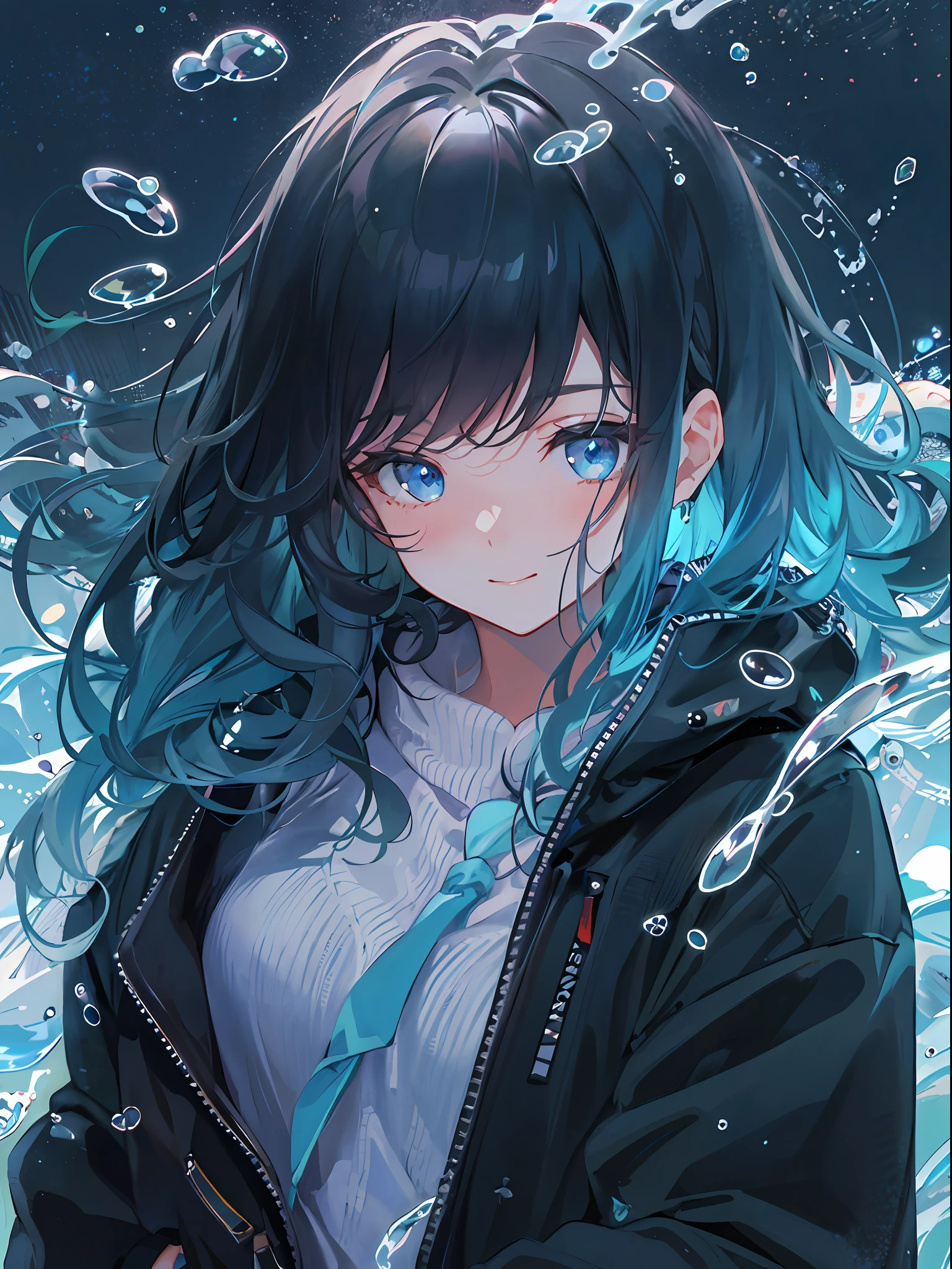 ((top-quality)), ((​masterpiece)), ((ultra-detailliert)), (extremely delicate and beautiful), girl with, 独奏, cold attitude,((Black jacket)),She is very(relax)with  the(Settled down)Looks,A dark-haired, depth of fields,evil smile,Bubble, under the water, Air bubble,bright light blue eyes,Inner color with black hair and light blue tips,Cold background,Bob Hair - Linear Art, shortpants、knee high socks、White uniform like school uniform、Light blue ribbon ties、Clothes are sheer、Hands in pockets
