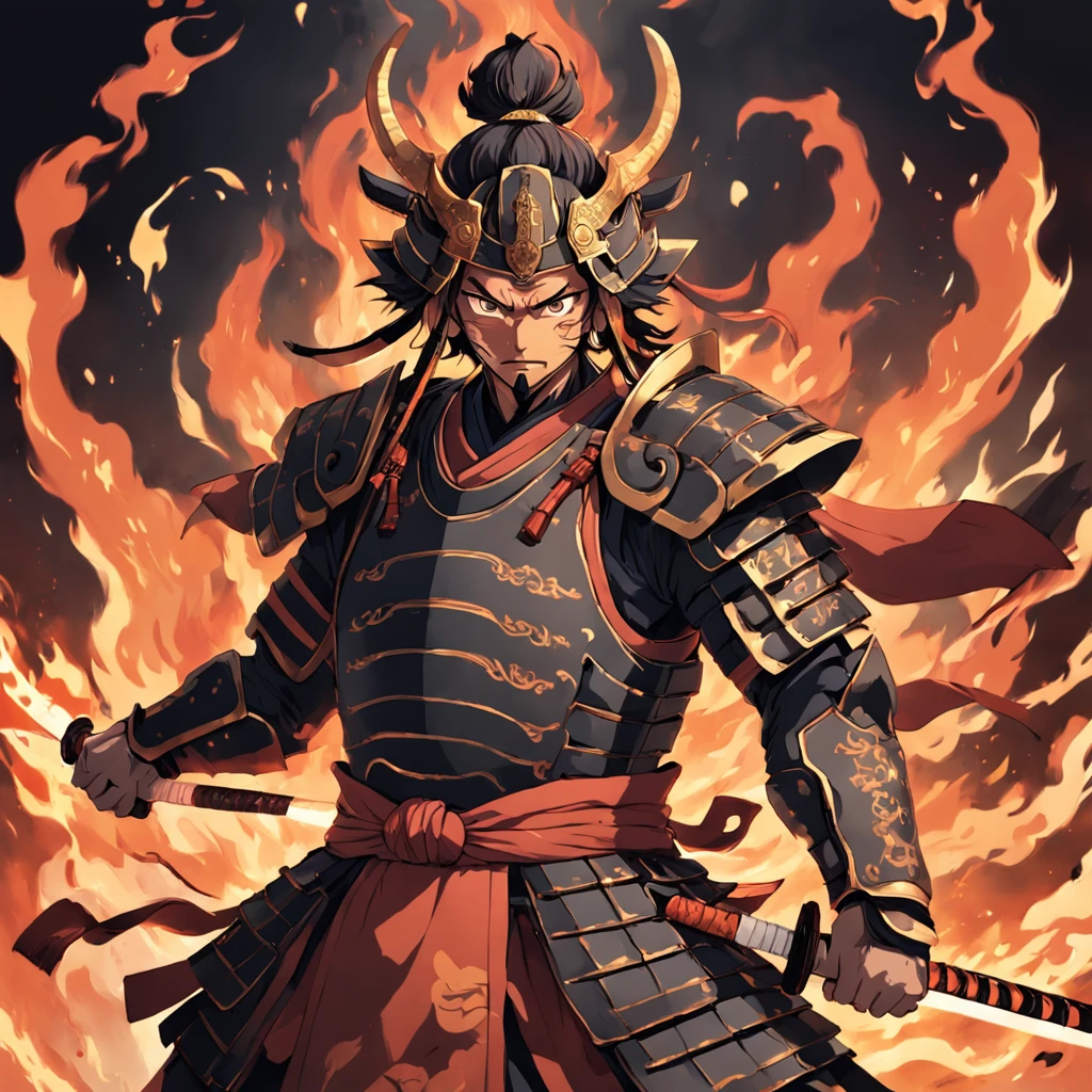 I want to draw Fudo Meioh, Ming King of Esoteric Buddhism, Wearing an armor helmet like an old samurai。surrounded by flames、Flames covered mainly with human parts。He held a sharp sword in one hand.、In the other hand he holds a bow and arrow。