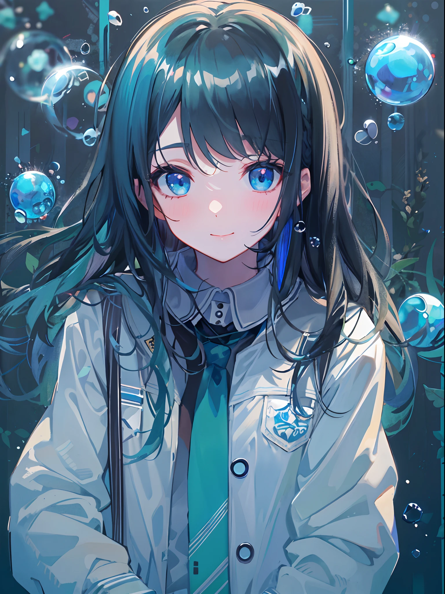 ((top-quality)), ((​masterpiece)), ((ultra-detailliert)), (extremely delicate and beautiful), girl with, 独奏, cold attitude,((Black jacket)),She is very(relax)with  the(Settled down)Looks,A dark-haired, depth of fields,evil smile,Bubble, under the water, Air bubble,bright light blue eyes,Inner color with light blue hair and dark blue tips,Cold background,Bob Hair - Linear Art, shortpants、knee high socks、White uniform like school uniform、Light blue ribbon ties、Clothes are sheer、Hands in pockets