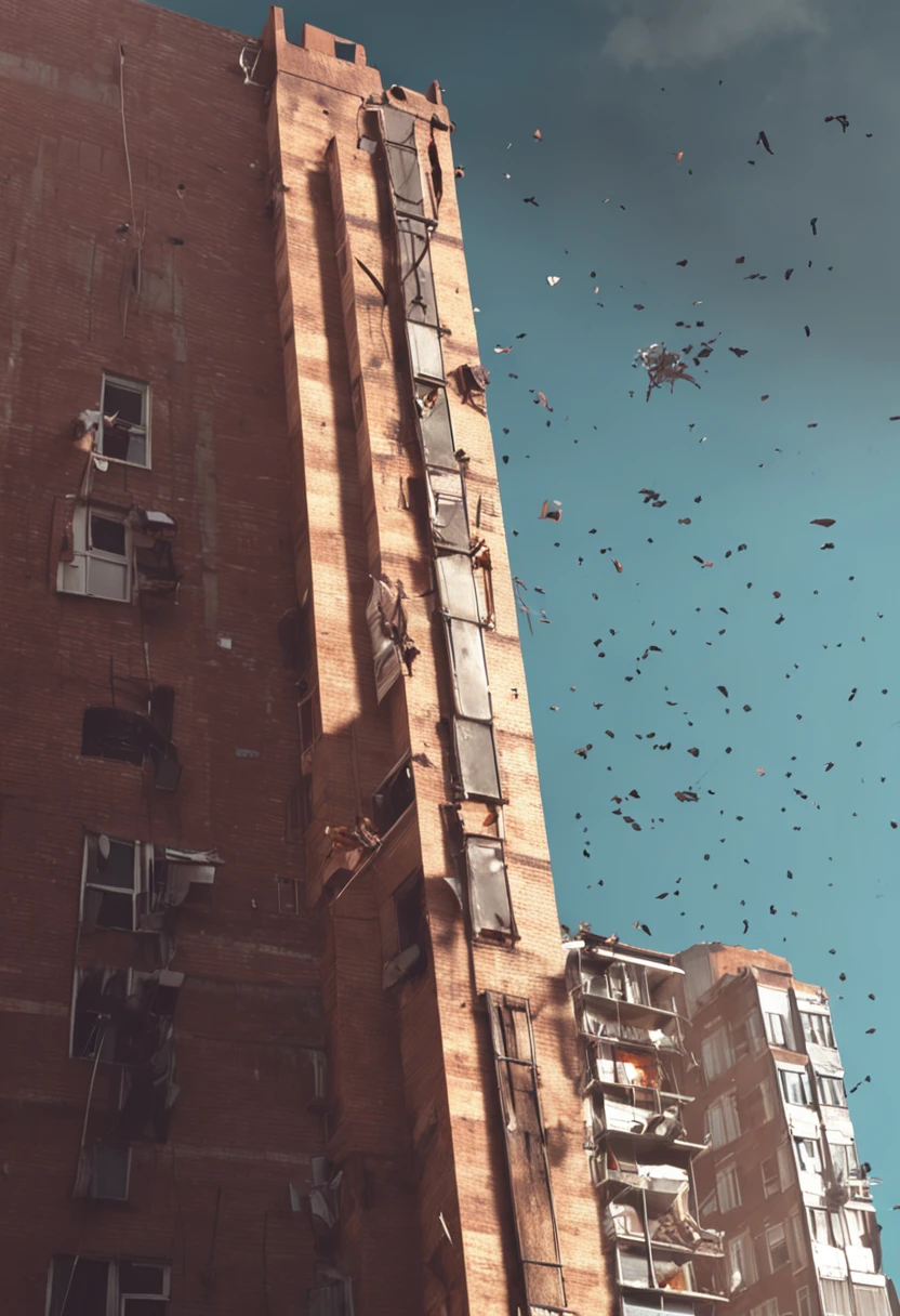 In a high-rise building with discarded bricks,Girl leaning against the railing,Looking up at the corner of the sky, desperate and suffocating, but with the sun, there is no loss of hope