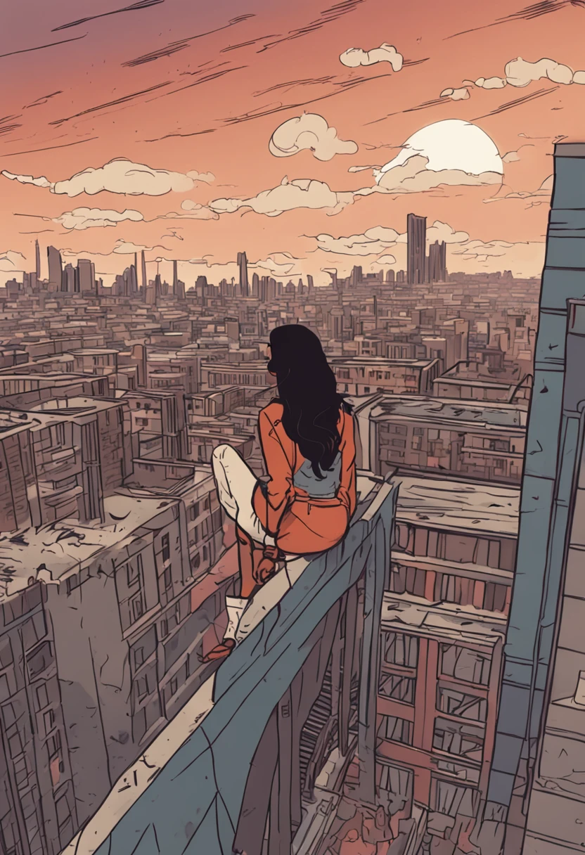 In a high-rise building with discarded bricks，Girl leaning against the railing，Looking up at the corner of the sky, desperate and suffocating, but with the sun, there is no loss of hope