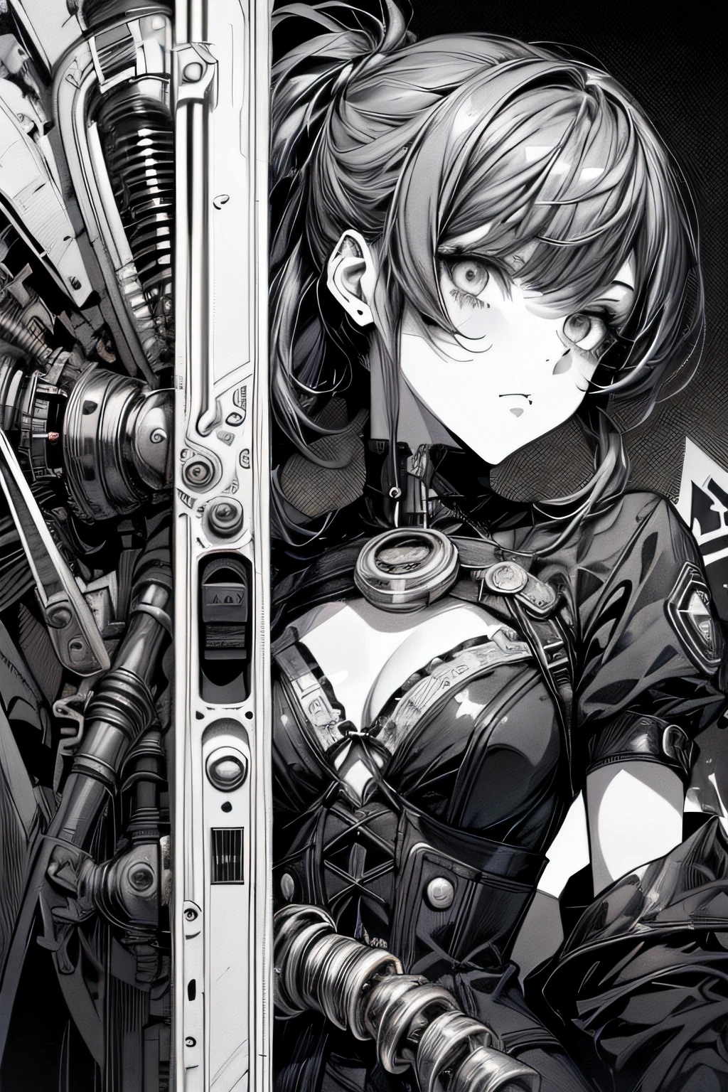 (Comic Noir Style),(linear art_Anime),(black-and-white_High contrast),(masutepiece, Best Quality, ),(Laura Bad Picture:1.2),(Lora Add Details:1.2),8K, Flat color:1.2,1girl in,Chibi,steampunc、machinery background