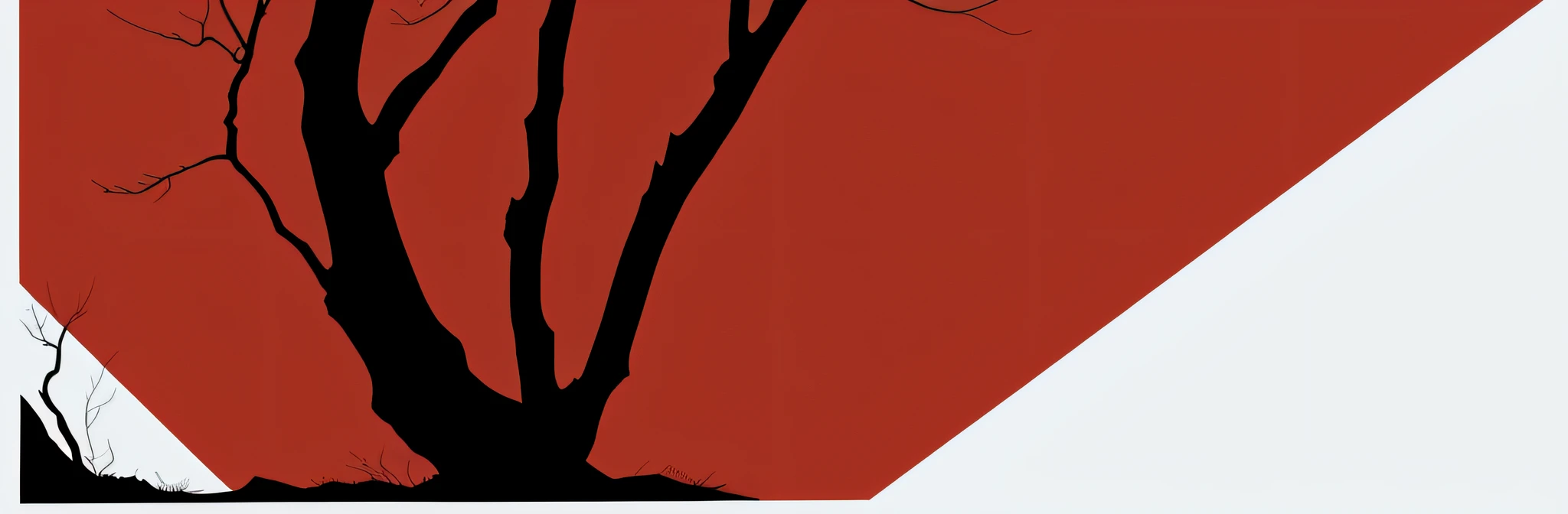 Close-up of poster background,The main color is Chinese red,The color is bright,Strong contrast,Full of atmosphere,The color uses red heavily,black andwhite,A small amount of cyan English,Strong contrast,The silhouette is clean and neat,The text is centered as a whole,English,central composition,Silhouette of a branch in the upper right corner,flat art,Very balanced,