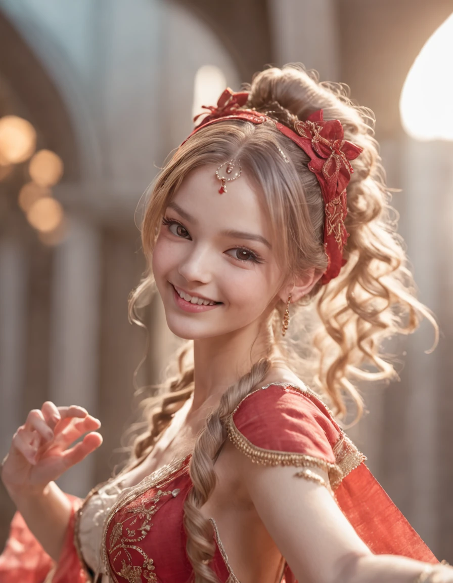 ultra detailed illustration, dynamic angle, smile girl danceing, belly dance, clear shawl, delicate hair ornaments, elegant earrings, extremely detailed face, detailed transparent eyes with highlights, crepuscular rays, rembrandt lighting, powder light, blonde, twintails, from the rear, twintails, red outfit, twintails, perfect fingers, twintails, jump, twintails, Masterpiece, best quality, anatomically correct, high details