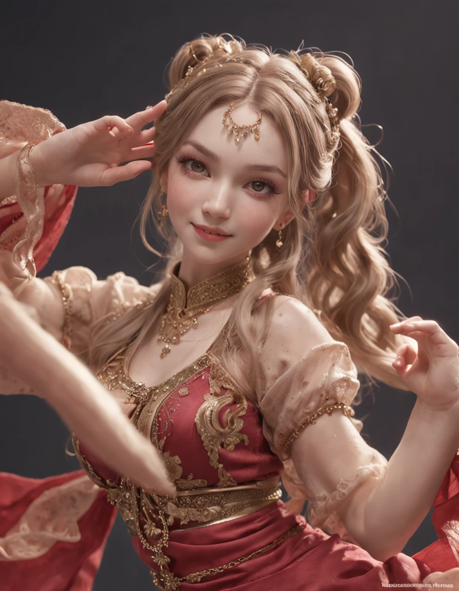 ultra detailed illustration, dynamic angle, smile girl danceing, belly dance, clear shawl, delicate hair ornaments, elegant earrings, extremely detailed face, detailed transparent eyes with highlights, crepuscular rays, rembrandt lighting, powder light, blonde, twintails, from the rear, twintails, red outfit, twintails, perfect fingers, twintails, jump, twintails, Masterpiece, best quality, anatomically correct, high details