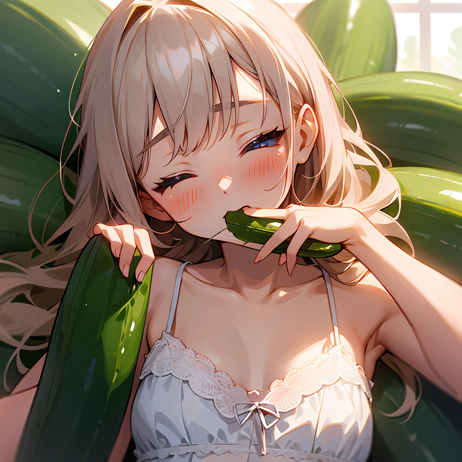 Chewing a cucumber in your mouth、red blush、girl with、kawaii、White lace underwear、Eyes closed --auto