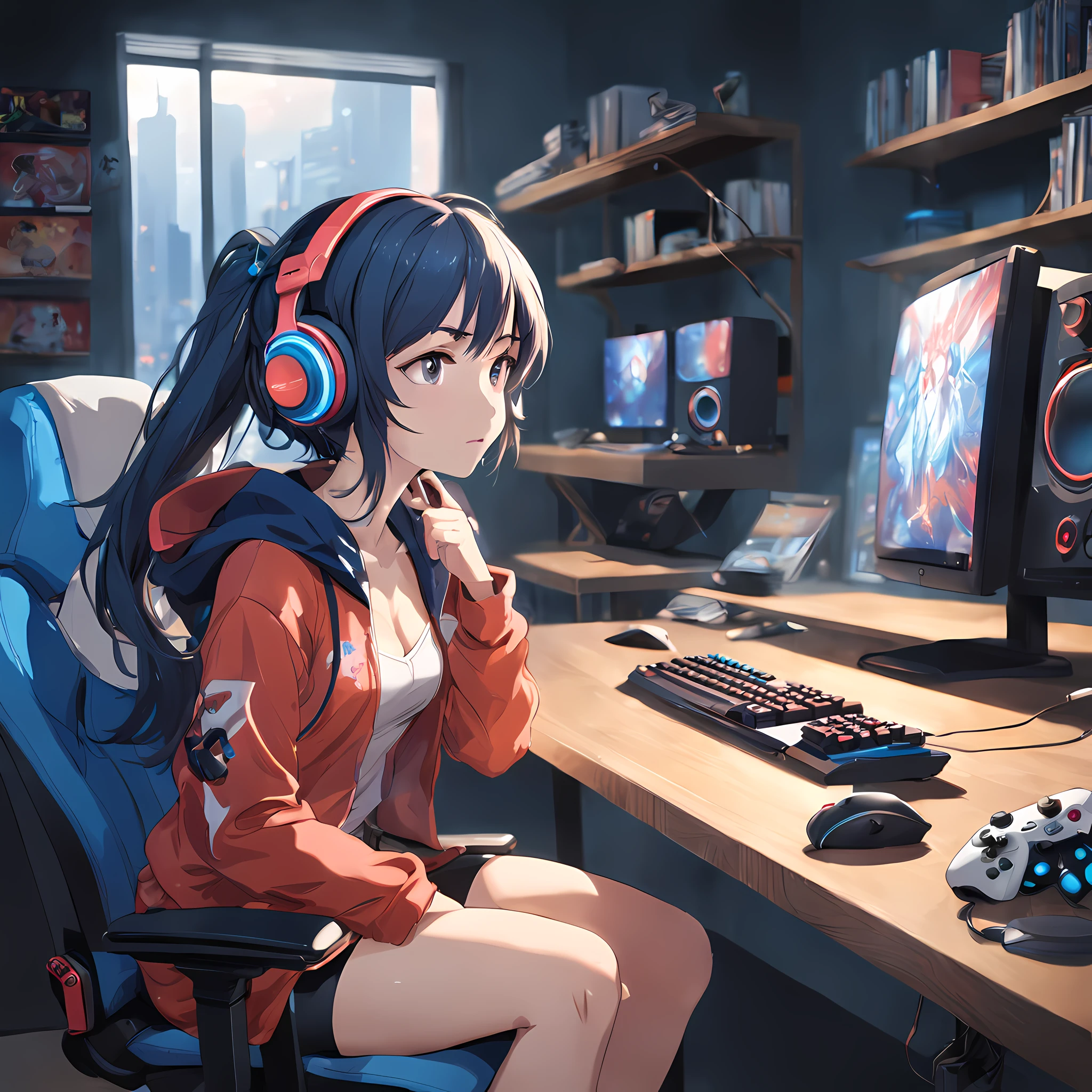 A full-body shot of a woman sitting at a desk, playing a video game. She is wearing a comfortable outfit, and she has a relaxed expression on her face. There is a gaming headset on her head, and her hands are on the keyboard and mouse.