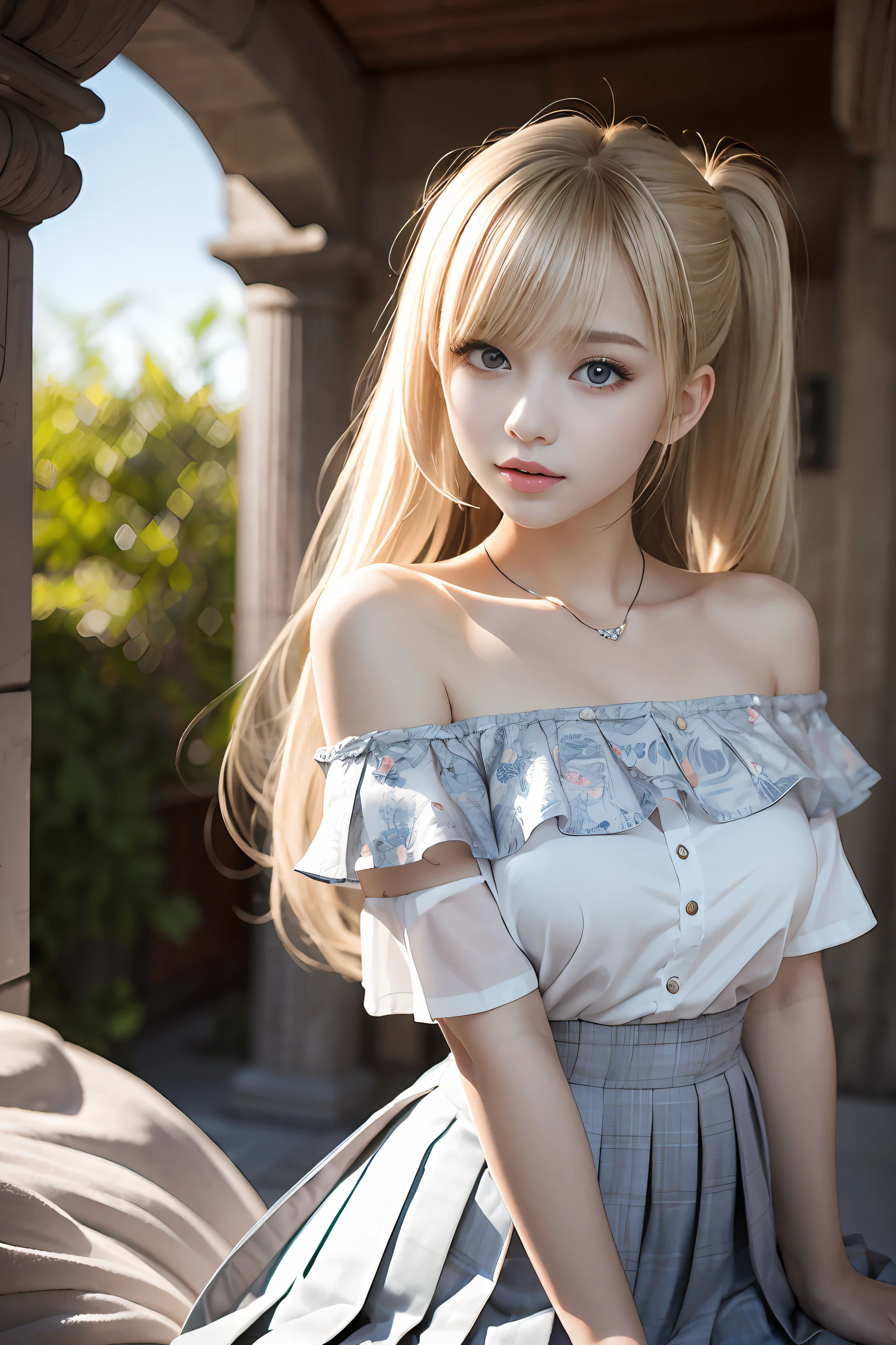 bright expression、poneyTail、Young shiny shiny white shiny skin、Best Looks、Blonde reflected light、Platinum blonde hair with dazzling highlights、shiny light hair,、Super long silky straight hair、Beautiful bangs that shine、Glowing crystal clear attractive big blue eyes、Very beautiful nice cute girl、Lush bust,Beautiful detailed eyes, beautiful detailed nose,(( Full body:1.25)),Makeup that the eyes emphasize、((Pleated skirt with many folds)),(Women like Joan of Arc)、s Armor、Knights, With a sword and shield,Royal style,Comic style, , Sub-surface scattering, ornate detail, nature backdrop, Hyper-realistic, Cinematic, Dramatic Lighting, masutepiece、top-quality、超A high resolution、(Photorealsitic:1.4)、1girl in、Off-shoulder white shirt、