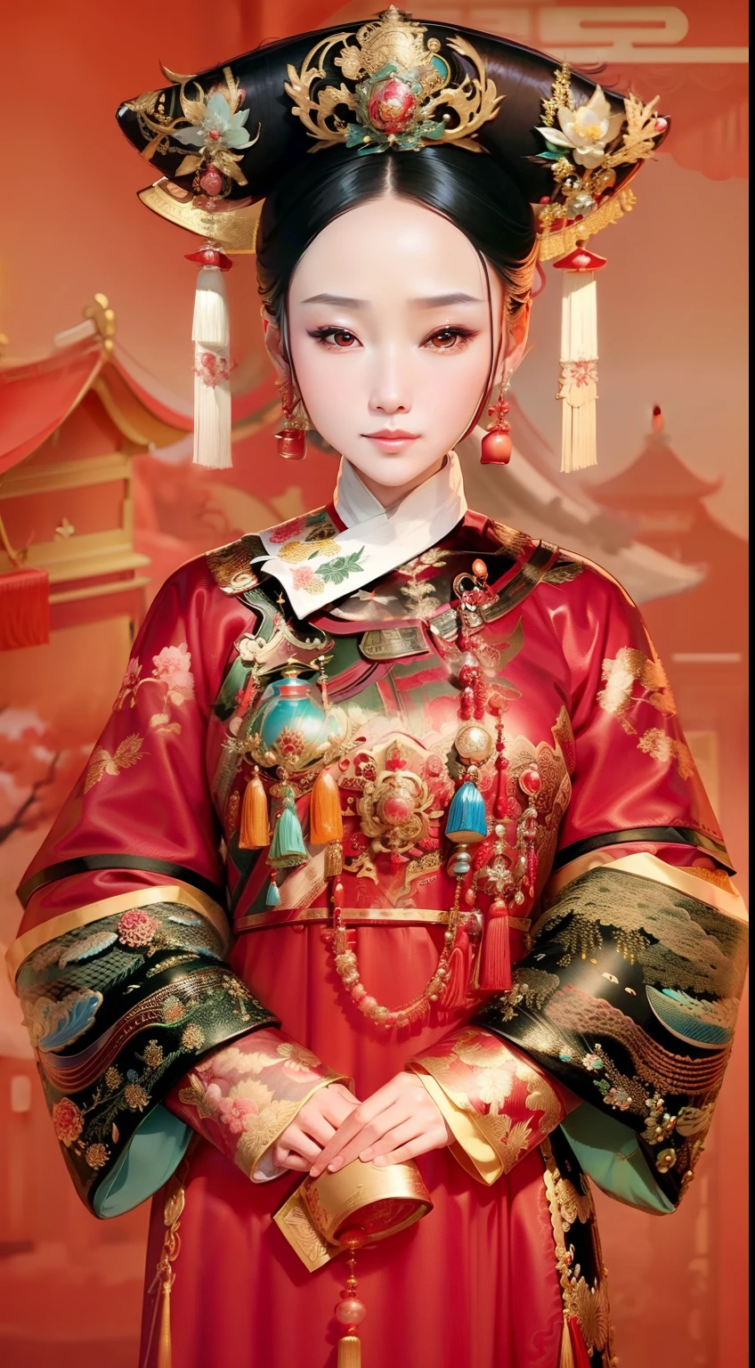 an oriental woman in a red dress, chinese costume, traditional chinese clothing, palace ， a girl in hanfu, chinese dress, ancient asian dynasty princess, chinese empress, with acient chinese clothes, ancient chinese princess, wearing ancient chinese clothes, beautiful render of tang dynasty, ancient chinese beauties, traditional chinese art, peking opera, chinese style painting, ancient chinese goddess