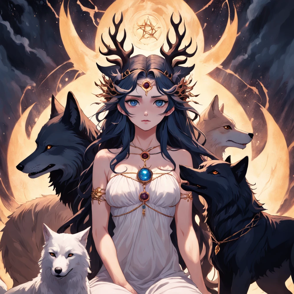 a photo of a woman with a crown and three wolves, hecate goddess, Hecate, pagan goddess, Deusa do Submundo, Norse goddess, persephone as goddess of death, Deusa da Raiva, Rainha do Submundo, deusa. detalhes extremamente altos, Mito grego do ritual escuro, Deusa da morte, the goddess hestia, Rainha do Inferno