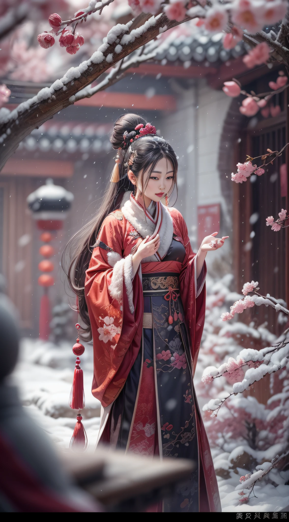（Blurred foreground：It was snowing heavily：2.0，），（Plum blossoms fall snowflakes：1.6），（Chinese Song dynasty beauties dancing），（realisticlying，anatomy correct，Korean star face，ssmile，The hands and face are very delicate and clear），（Stand in the middle of a quaint courtyard，Plum tree，Chinese elements，Winter clothing），（wide angles，Ultra HD details，Masterpiece, hyper HD, Super detail, High details, Best quality, A high resolution, Award-Awarded, 8K），（Chinese premium color scheme，电影灯光）