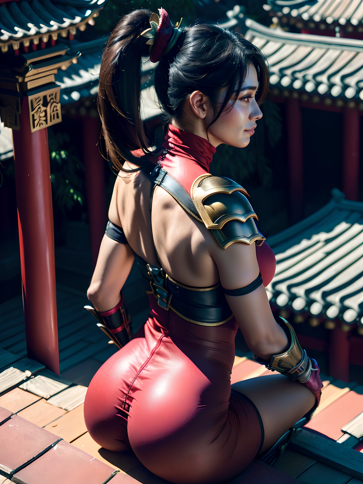 A beautiful chinese women warrior, weapon, 1girl, red full armor, sword, black_hair, bun hairstyle, holding, dual_wielding, solo_focus, holding_weapon, holding_sword, old chinese background, brown_eyes, view from behind, round butt