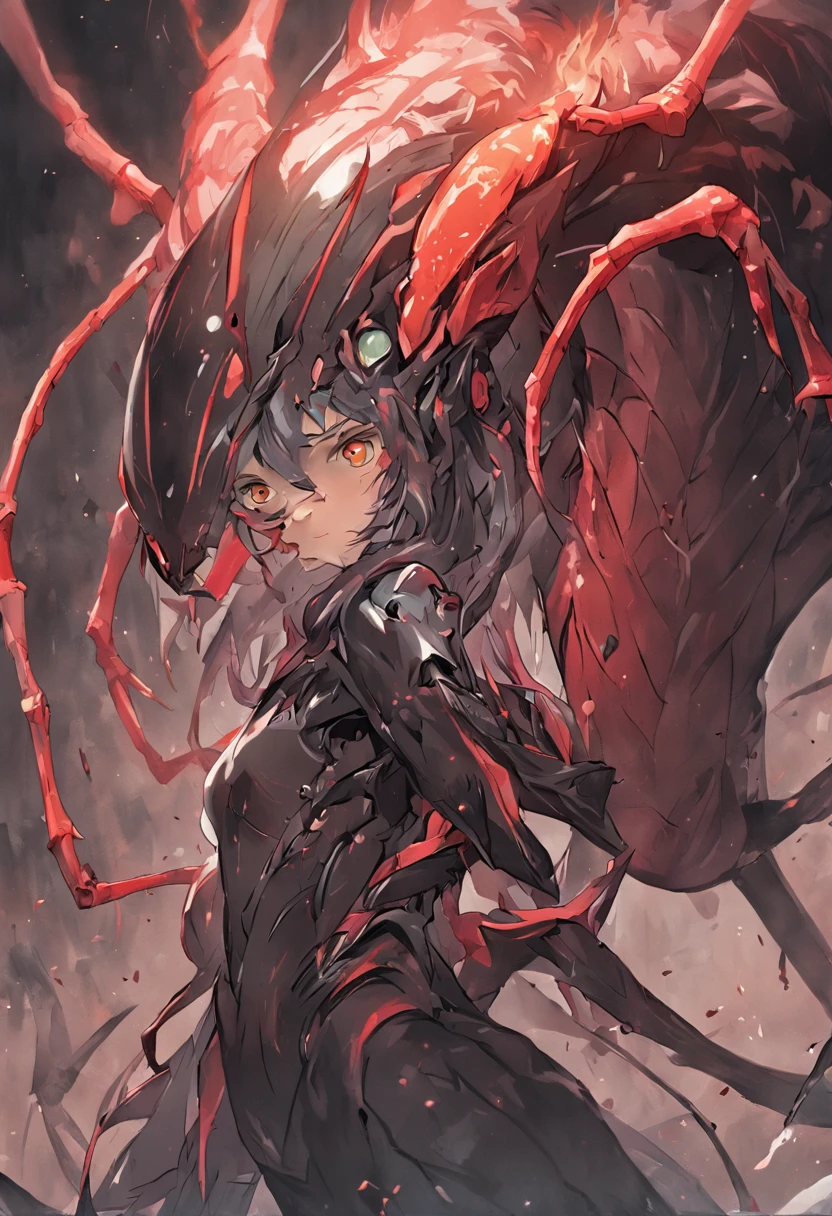 1 woman, short black hair, red eyes, monster girl, arachne, spider girl, white shirt, 