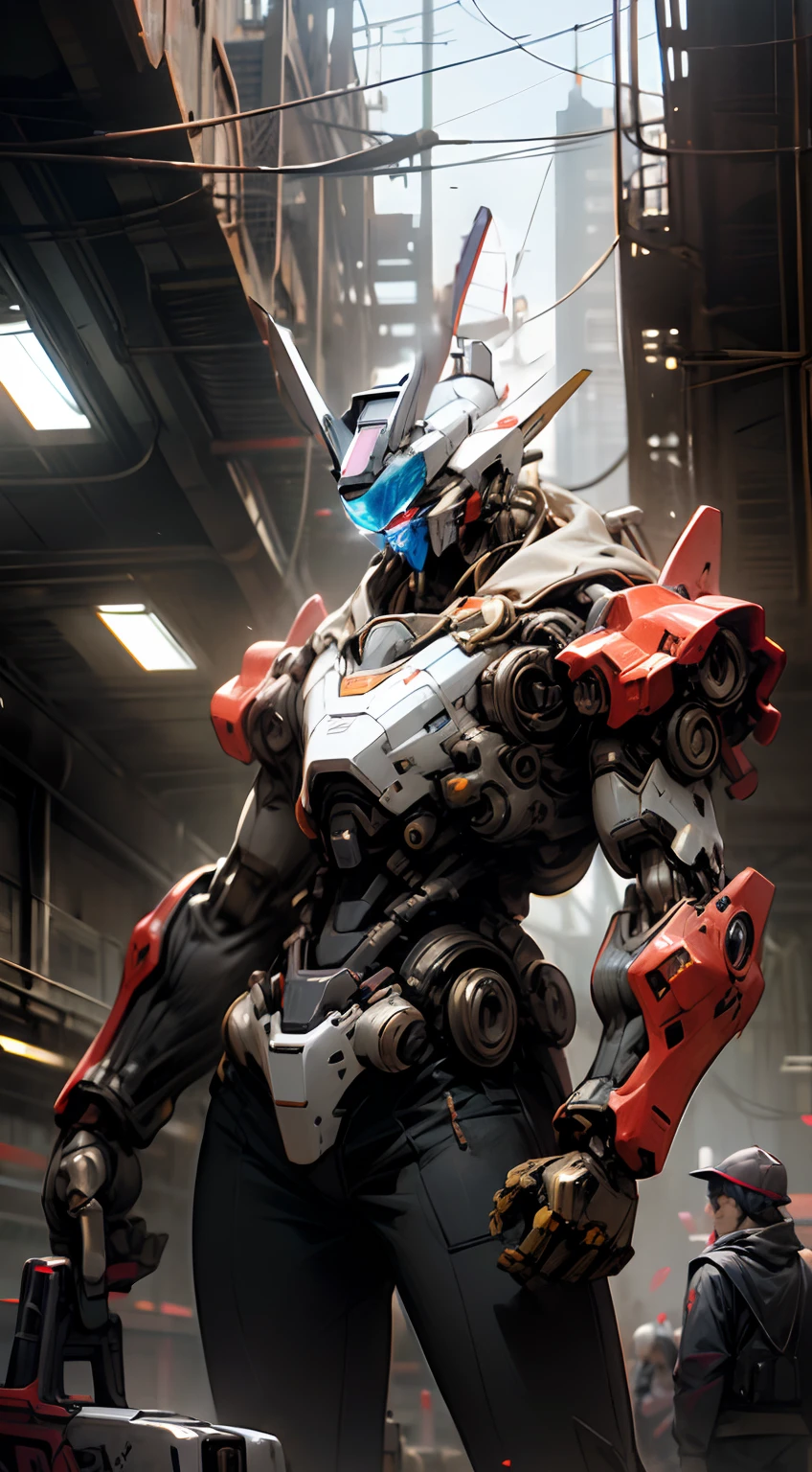 Highly detailed work, mechanical robot head, gundam unicorn like, transformer, mech, with blue visor