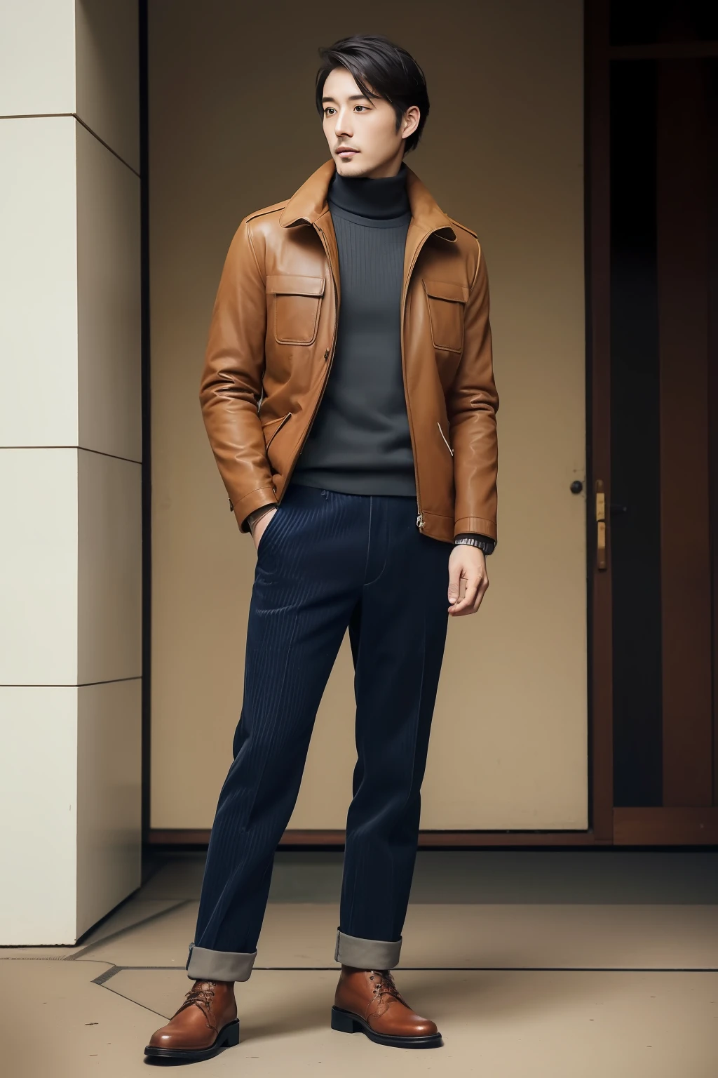 Traditional portrait of Japan man 30 years old, Autumn casual style/Winters. Wearing a barber wax jacket, Turtleneck sweater, Corduroy pants, and leather boots. The look is classic and sophisticated. Casual hairstyle in autumn/Winters. Classic crew cut with a strong hold, Reflects his timeless and refined personality.