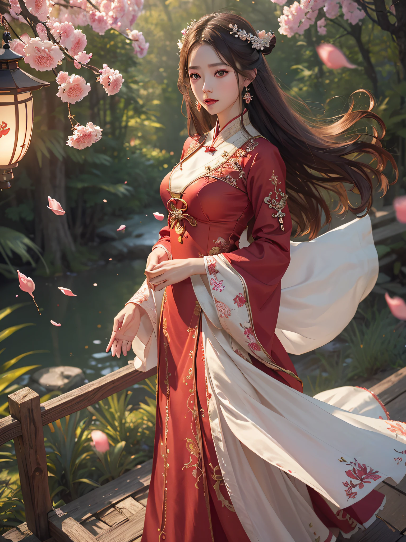 Superb Quality, Masterpiece, High Resolution, (Exquisite Body: 1.5), Stunning Beauty, (Milky Skin: 1.3), Delicate Details, High Resolution, Wallpaper, 1 Woman, Solo, Dress, Hair Accessories, (((Red Dress)) ), Flower, Long Hair, Brown Hair, Shut Up, Accessories, Long Sleeves, Raised Hand, Wide Sleeves, Big Eyes, Flowing Hair, Hanfu, Hanfu, Embroidery, Long Skirt, Natural Pose, Falling Petals, Calf Injury, Sadness, Fanning, Lantern, 16K, HDR, High Resolution, Depth of Field, (Film Grae: 1.1), Bocon, Primetime, (Lens Glow), Vignette, Rainbow, (Color Grading: 1.5)
