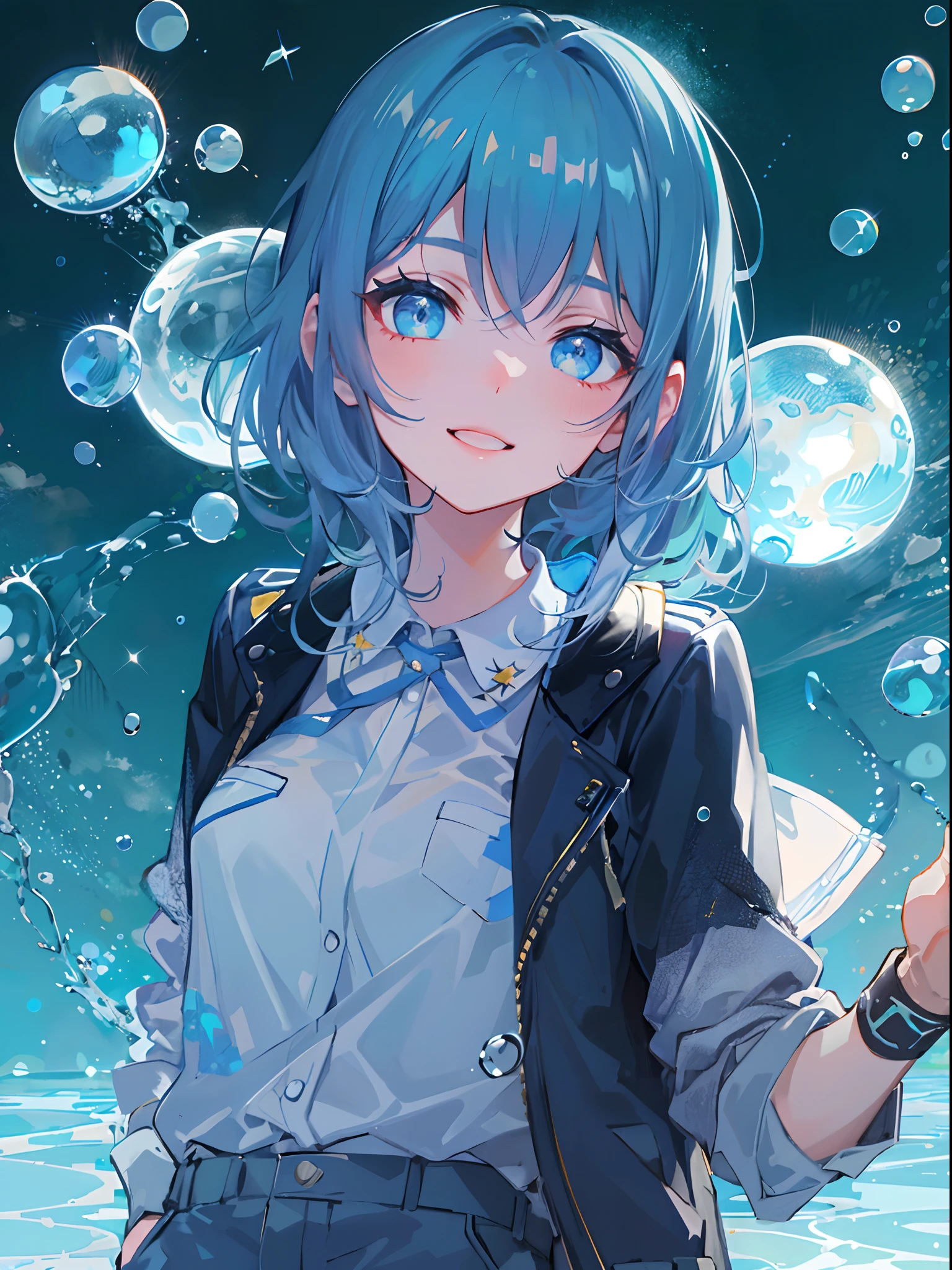 ((top-quality)), ((​masterpiece)), ((ultra-detailliert)), (extremely delicate and beautiful), girl with, 独奏, cold attitude,((Black jacket)),She is very(relax)with  the(Settled down)Looks,A dark-haired, depth of fields,evil smile,Bubble, under the water, Air bubble,bright light blue eyes,Inner color with light blue hair and dark blue tips,Cold background,Bob Hair - Linear Art, shortpants、knee high socks、White uniform like school uniform、Light blue ribbon ties、Clothes are sheer、Hands in pockets