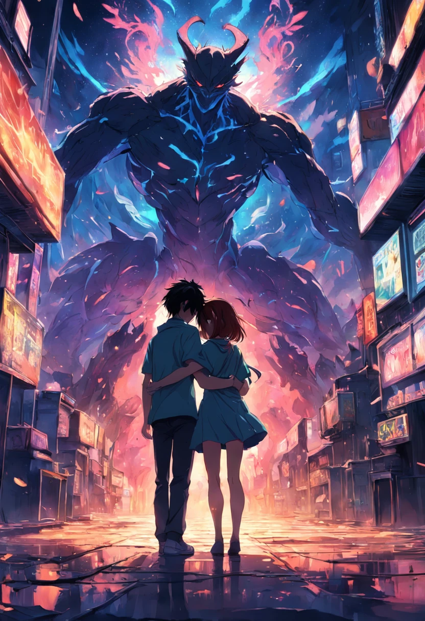 The teenager embraces his lover and behind him are countless enemies