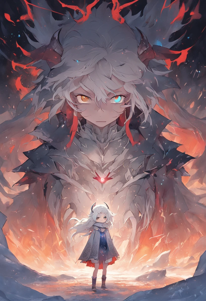 An epic scene in a desolate village reduced to ruin, It's snowing，There is a young girl with white hair，She held a glowing piece of talisman paper，Face a skin blue，Handsome，A giant devil with big horns